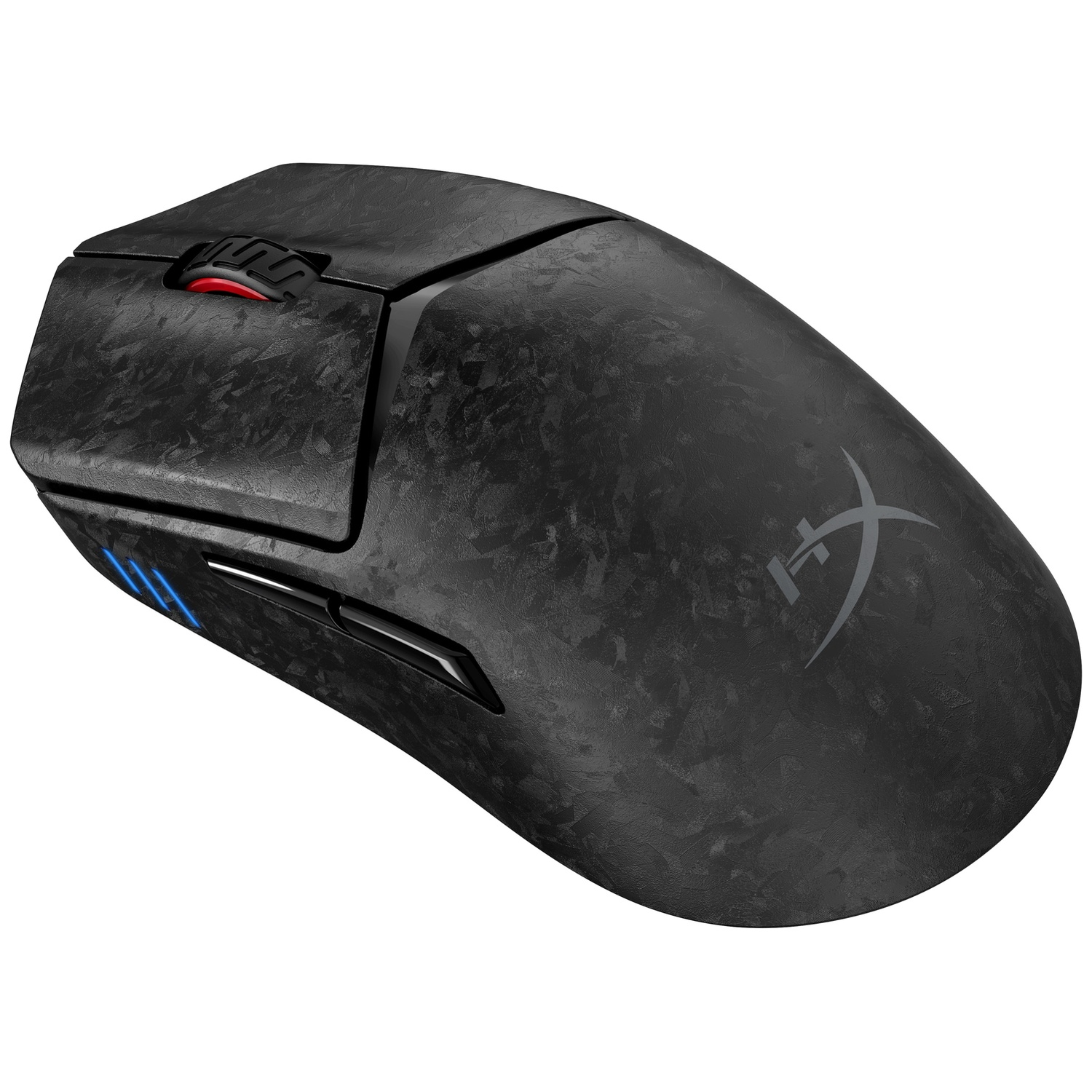 Une souris de jeu sans fil noire avec texture en fibre de carbone forgée, roulette rouge et voyants lumineux latéraux bleus.