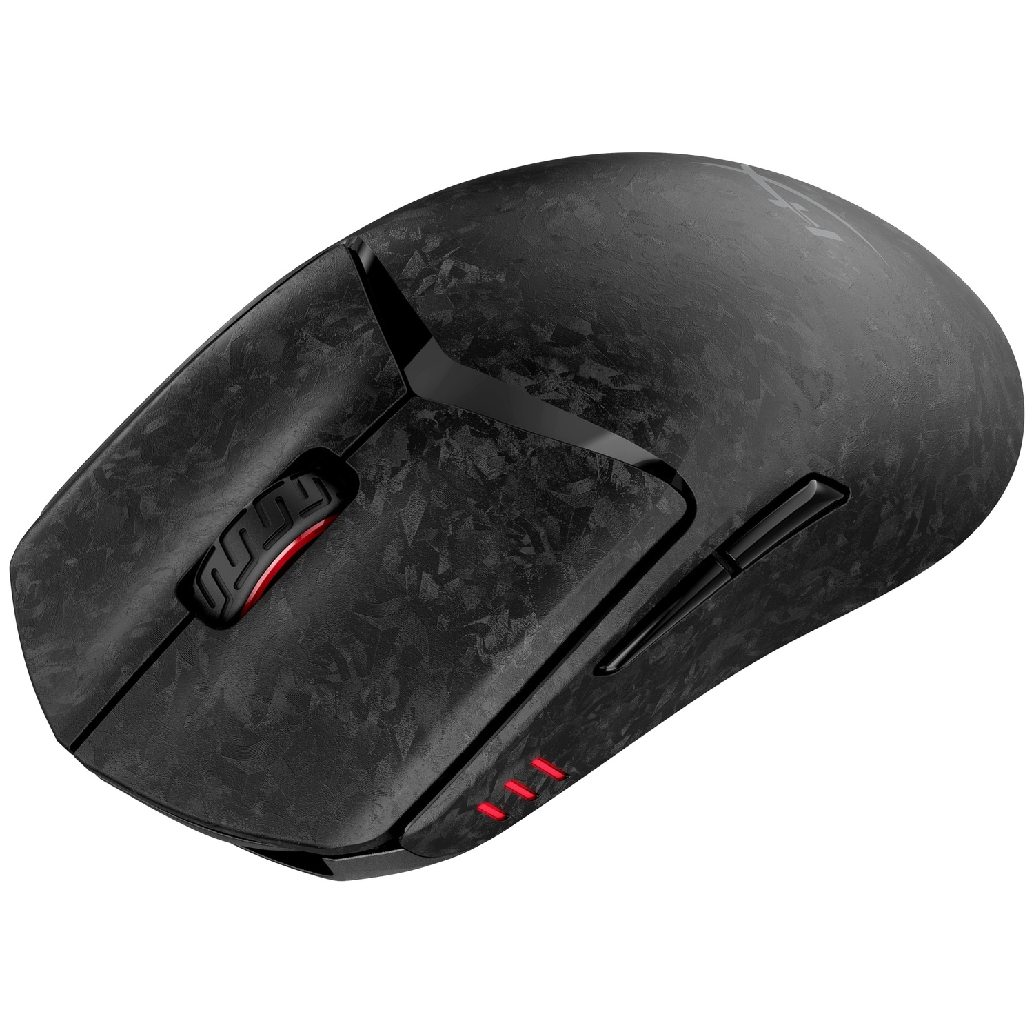 Souris de jeu sans fil noire avec texture de fibre de carbone, accents rouges sur la molette et voyants sur fond blanc.