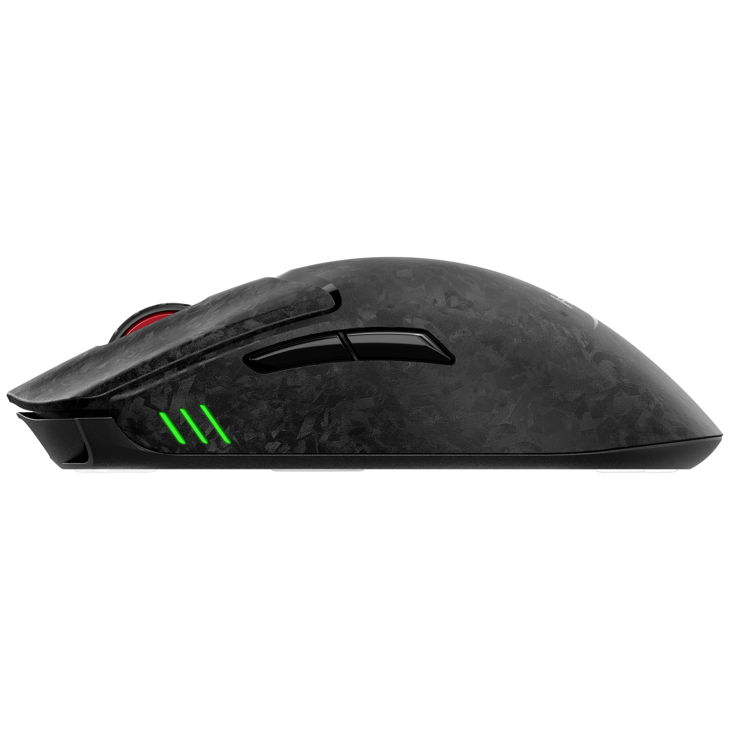 Une souris de jeu sans fil noire avec une finition texturée, des boutons latéraux et trois voyants verts.