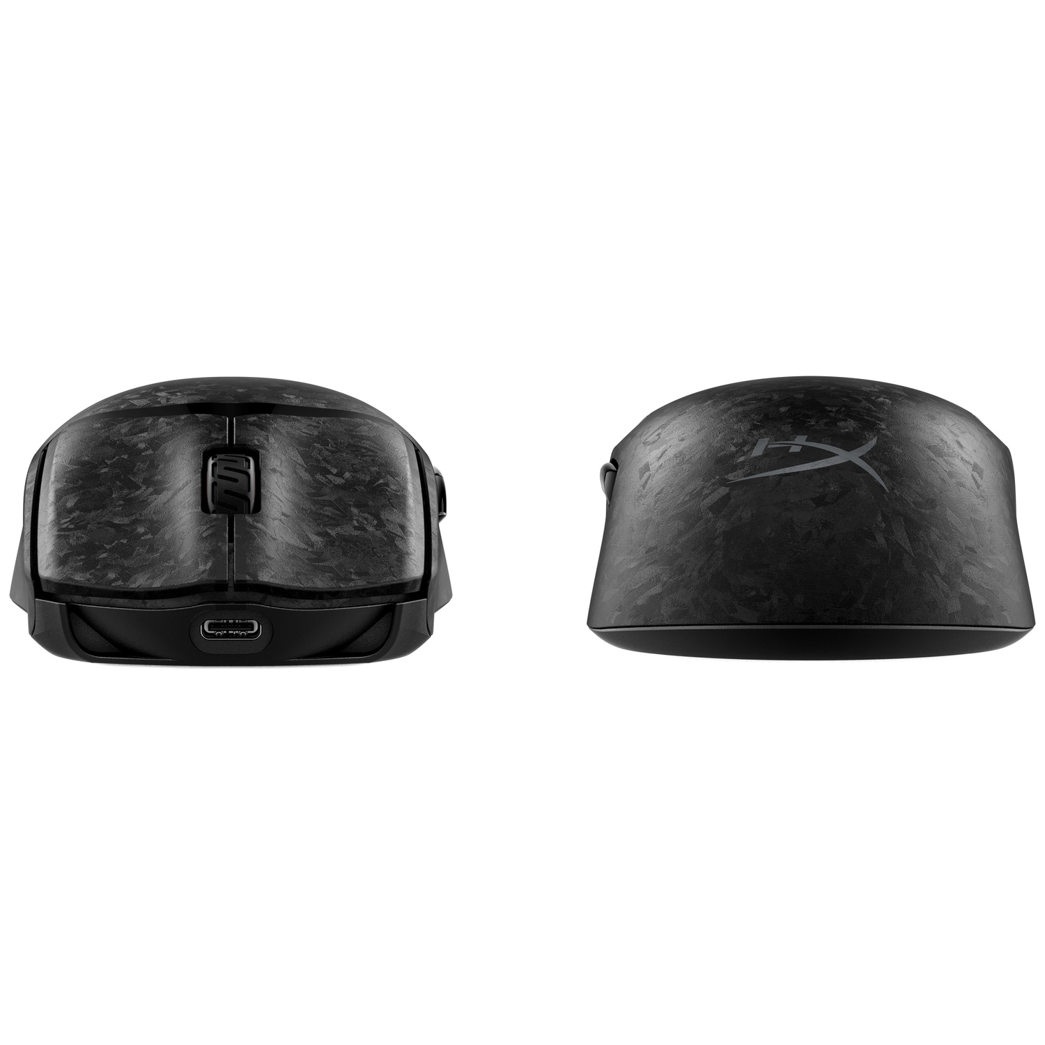 Vues avant et arrière d'une souris d'ordinateur noire à motifs avec un port USB-C.