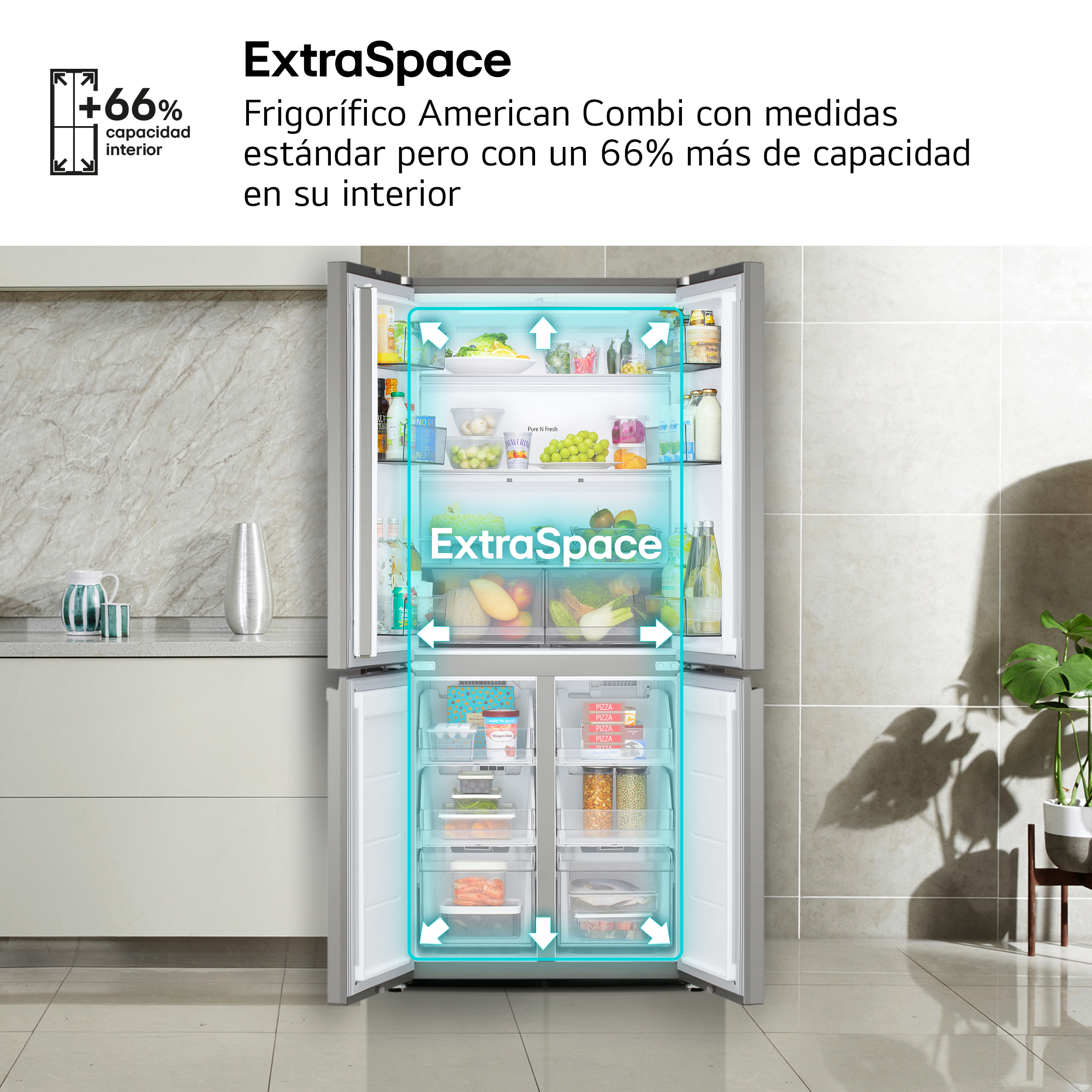 Frigorífico de acero inoxidable abierto con interior iluminado que muestra un 66% más de espacio.