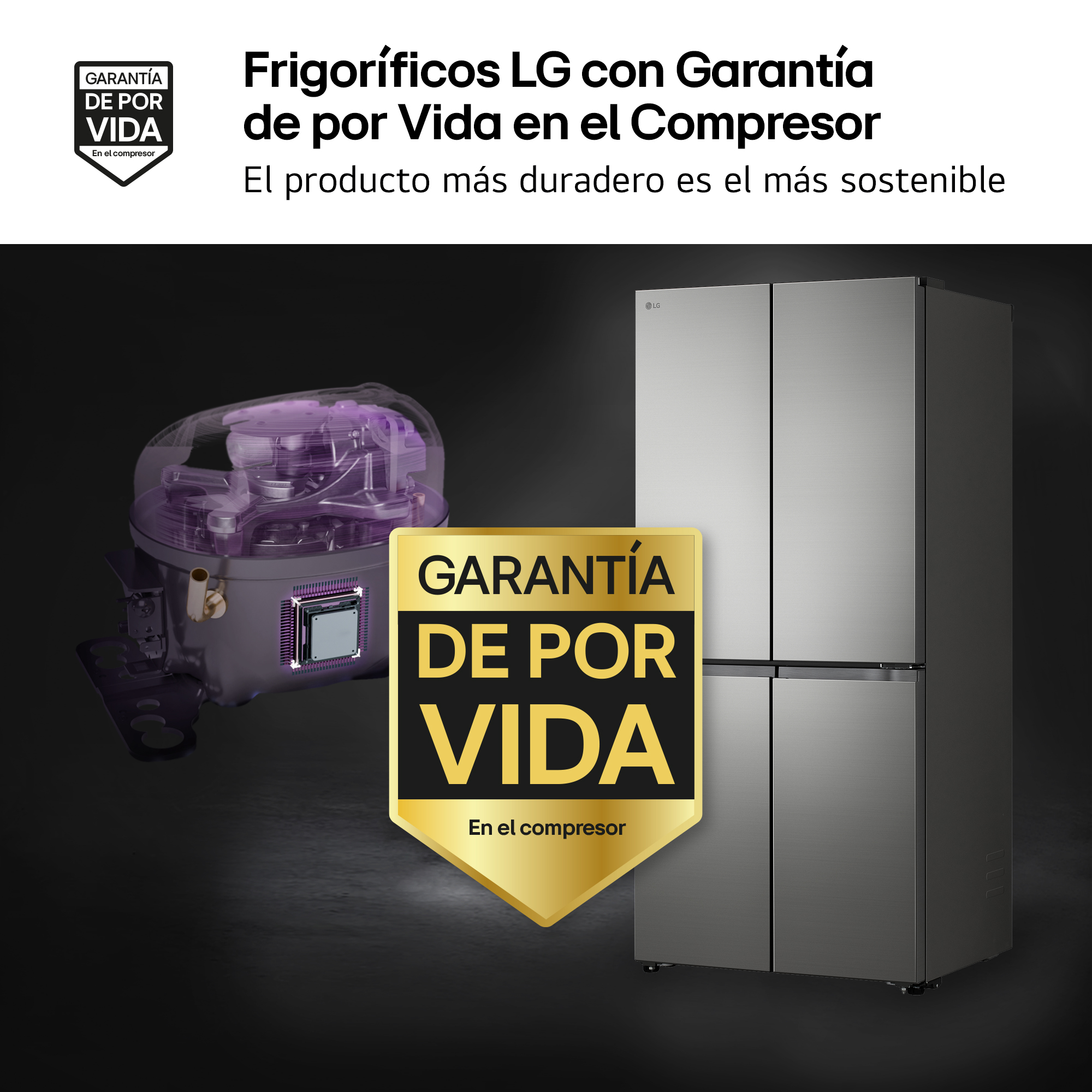 Frigorífico LG con ilustración de compresor y texto publicitario de garantía de por vida en el compresor.