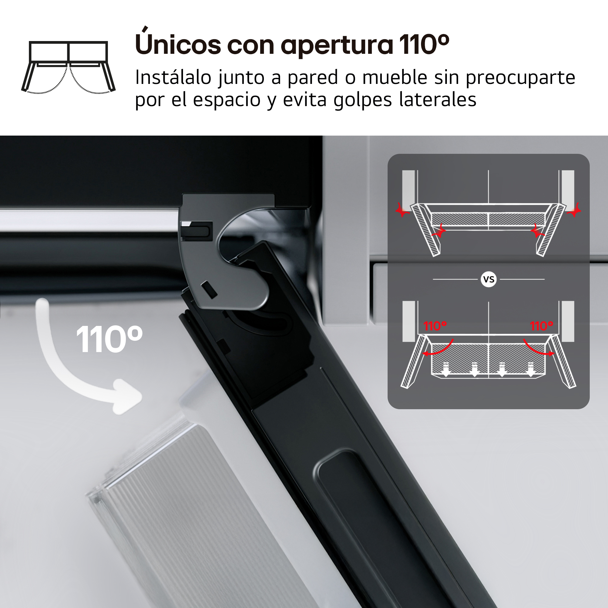 Diagrama que muestra la apertura de 110 grados para muebles.