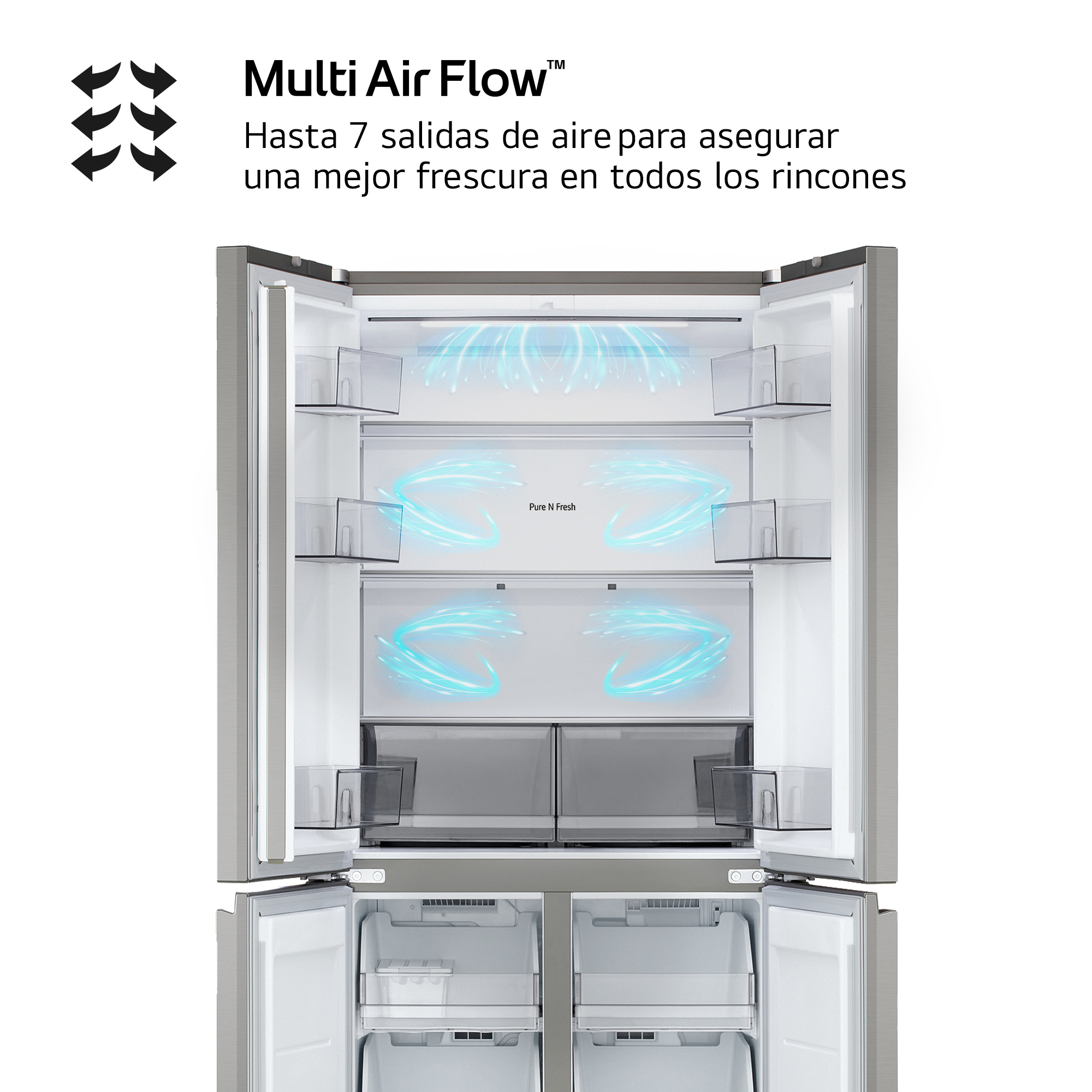 Frigorífico abierto con sistema Multi Air Flow para asegurar frescura en todos los rincones.