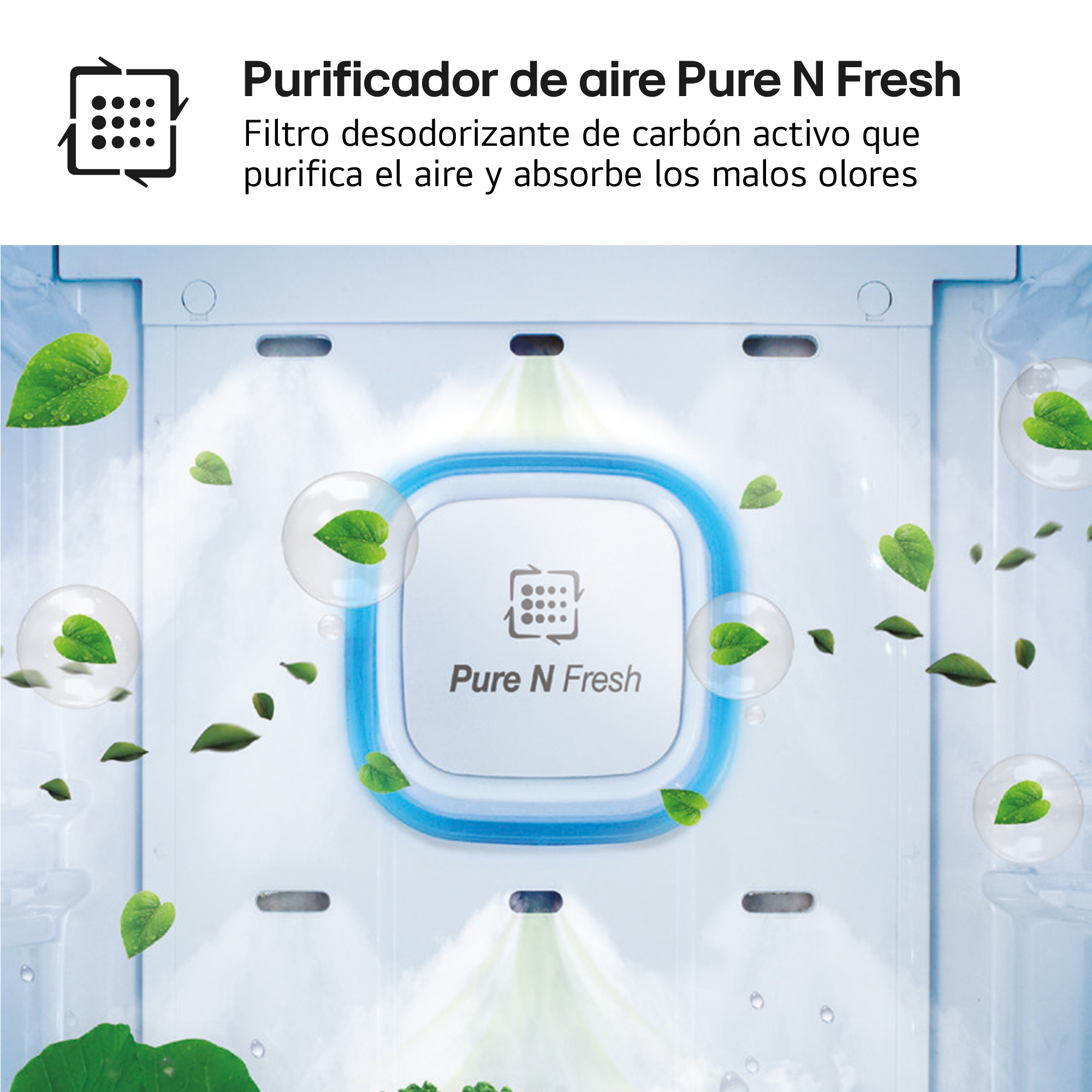 Purificador de aire Pure N Fresh con filtro de carbón activo rodeado de hojas verdes y burbujas.