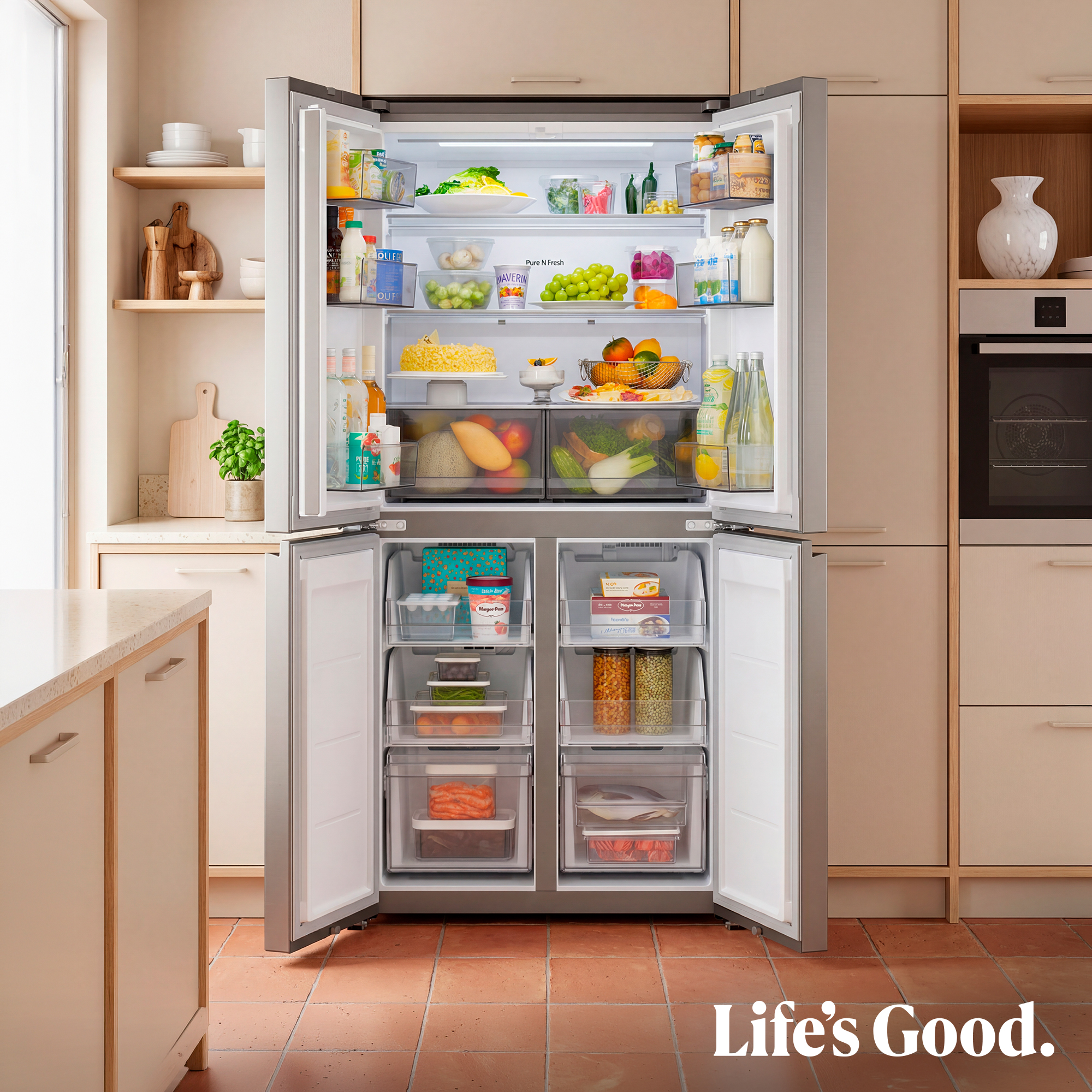 Refrigerador abierto lleno de verduras frescas, frutas y bebidas en una cocina moderna.