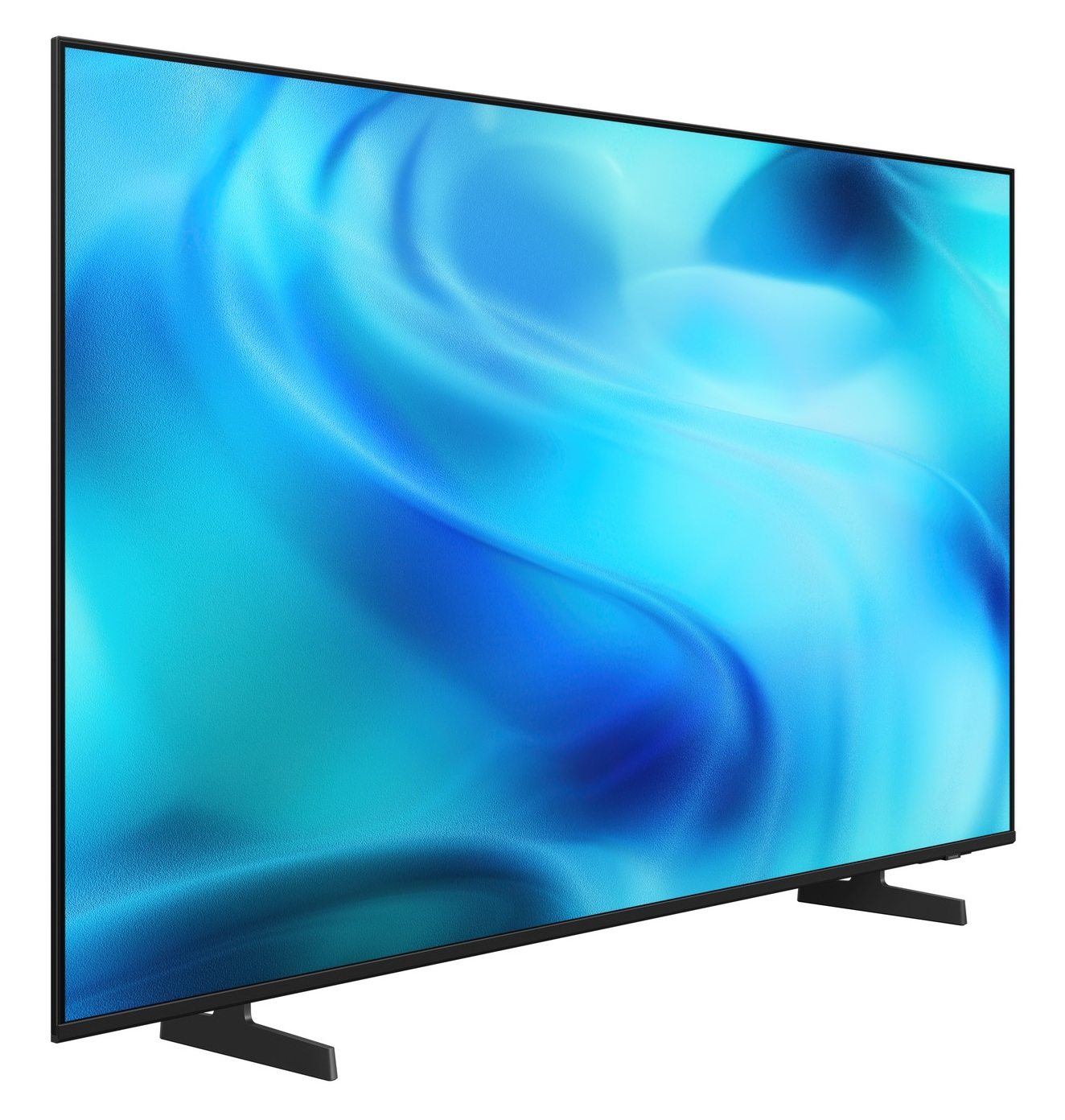 Telewizor płaskoekranowy z cienką ramką stoi na dwóch nóżkach, wyświetlając abstrakcyjny niebieski wzór.