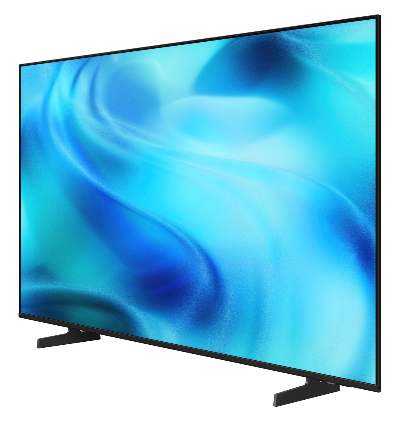 Telewizor z płaskim ekranem i niebieskim, abstrakcyjnym wzorem.