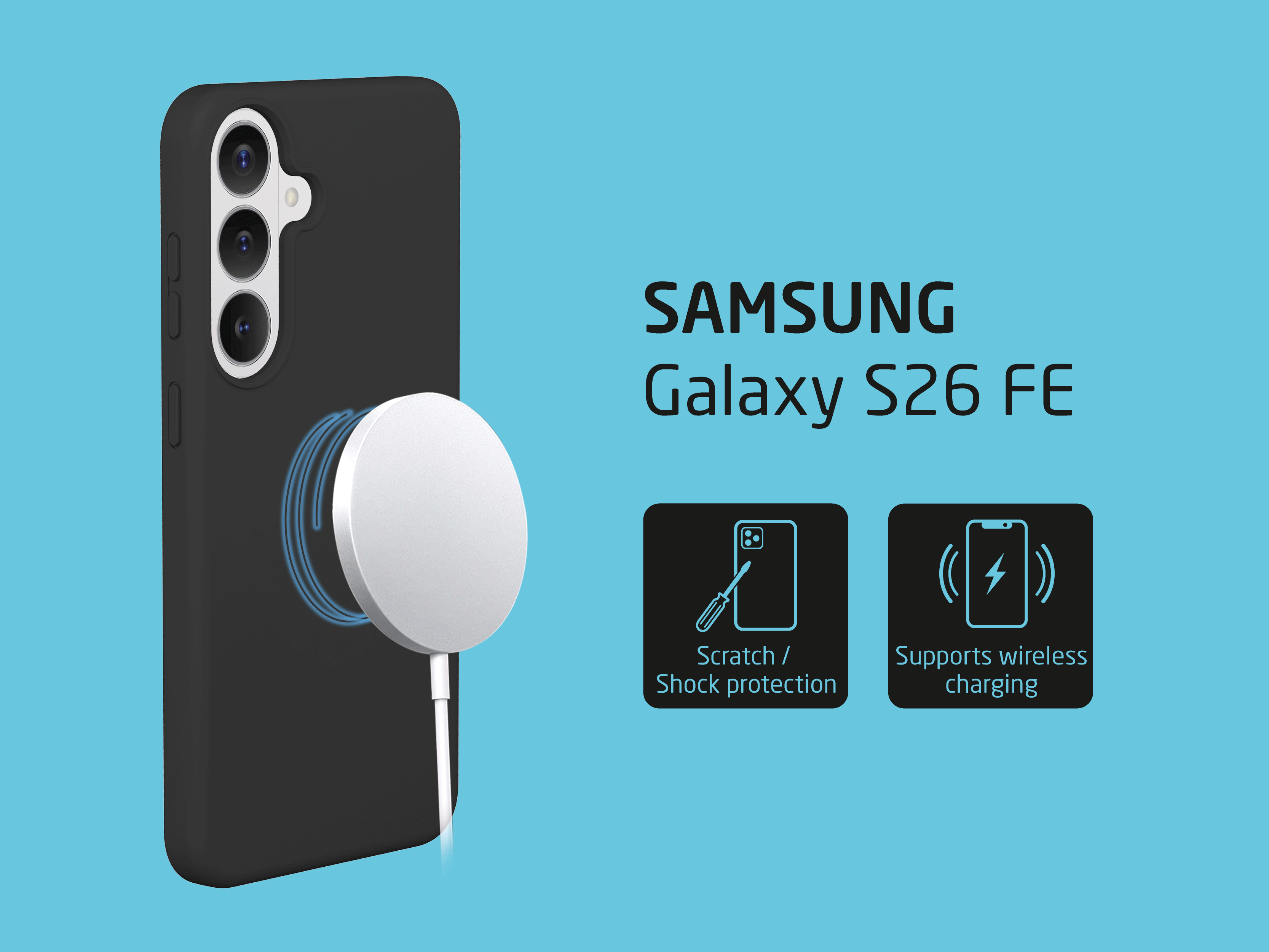 Schwarze Samsung Galaxy S26 FE Hülle mit weißem MagSafe-Ladegerät auf blauem Hintergrund.