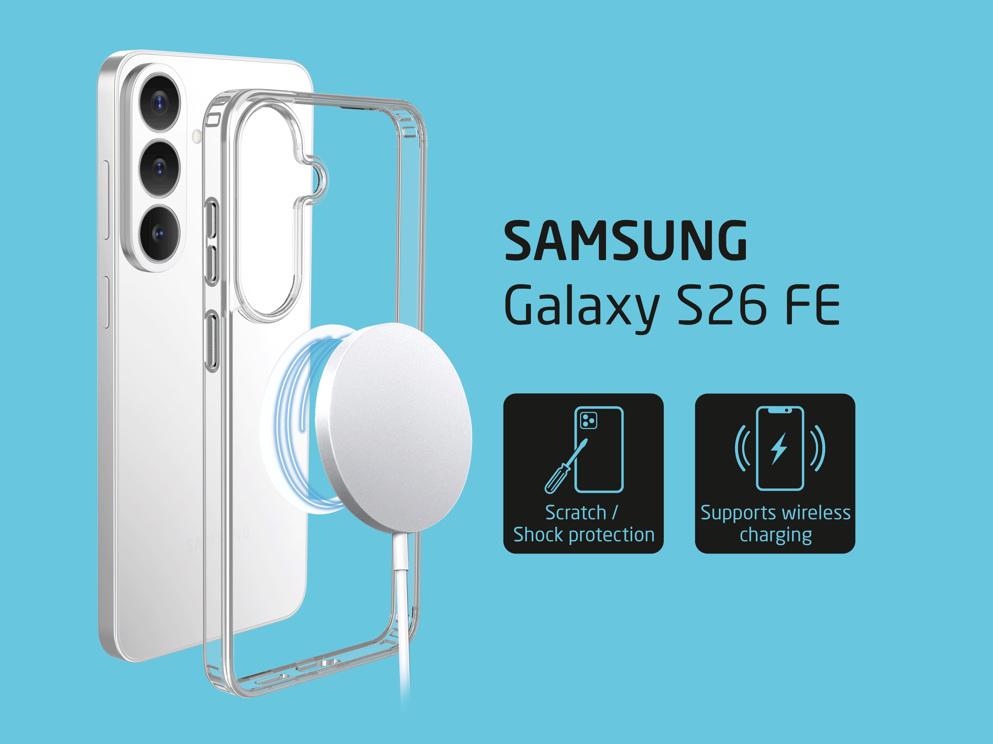 Samsung Galaxy S26 FE mit transparenter Hülle und kabellosem Ladegerät auf blauem Hintergrund.