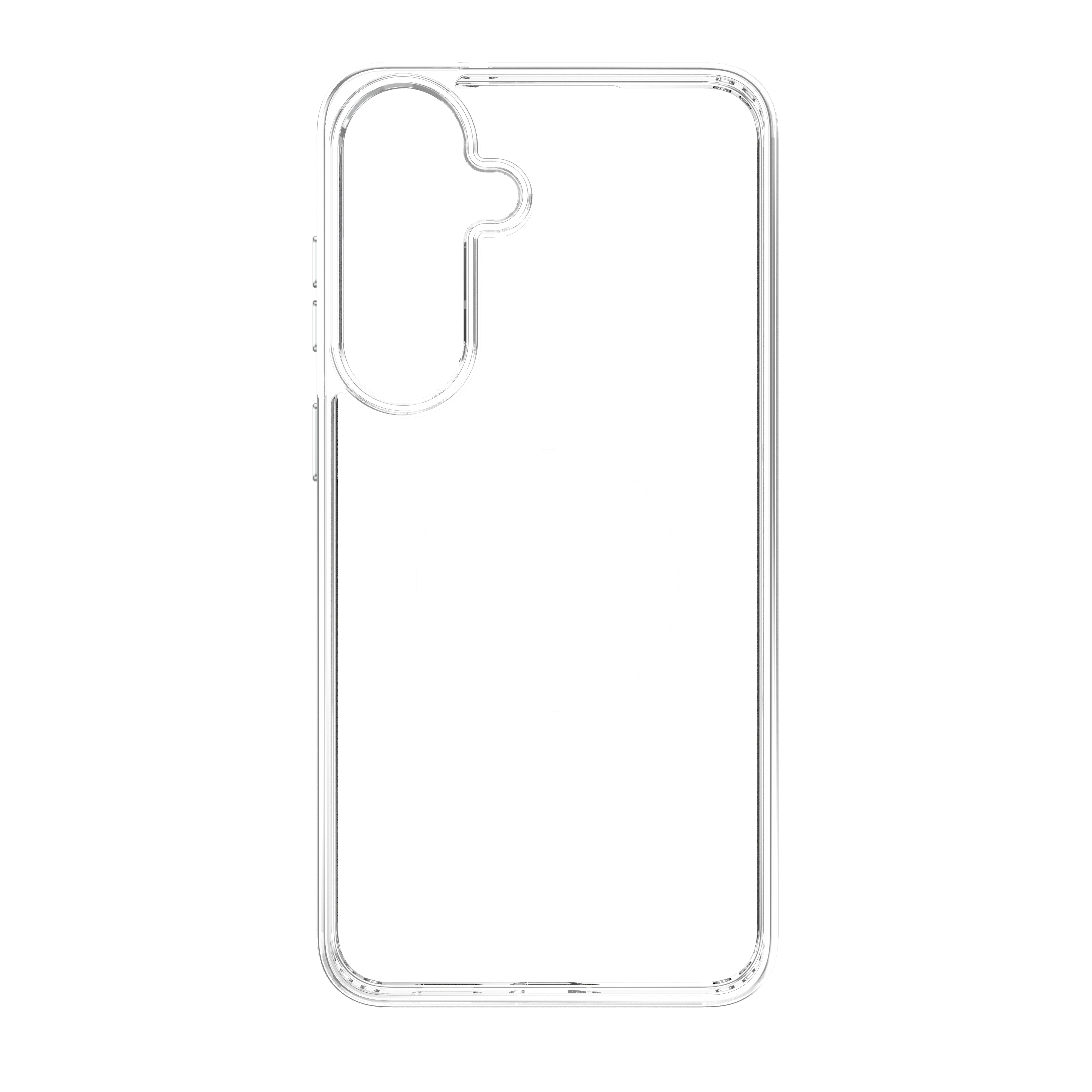 Transparente Handyhülle mit Kameraausschnitt und einem runden Magnetring auf der Rückseite vor schwarzem Hintergrund.