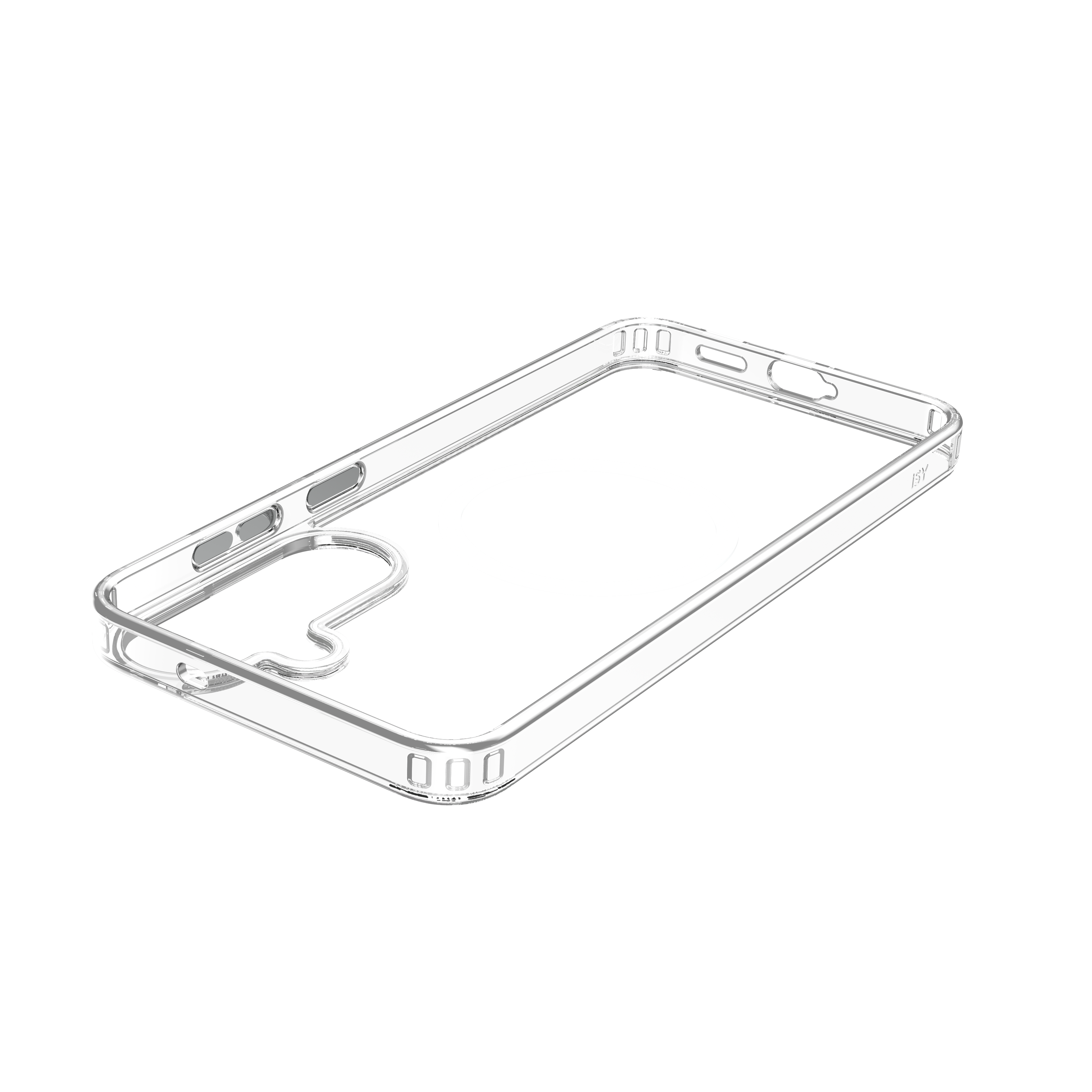 Eine transparente Smartphone-Hülle mit einem weißen Magnetring auf der Rückseite vor schwarzem Hintergrund.