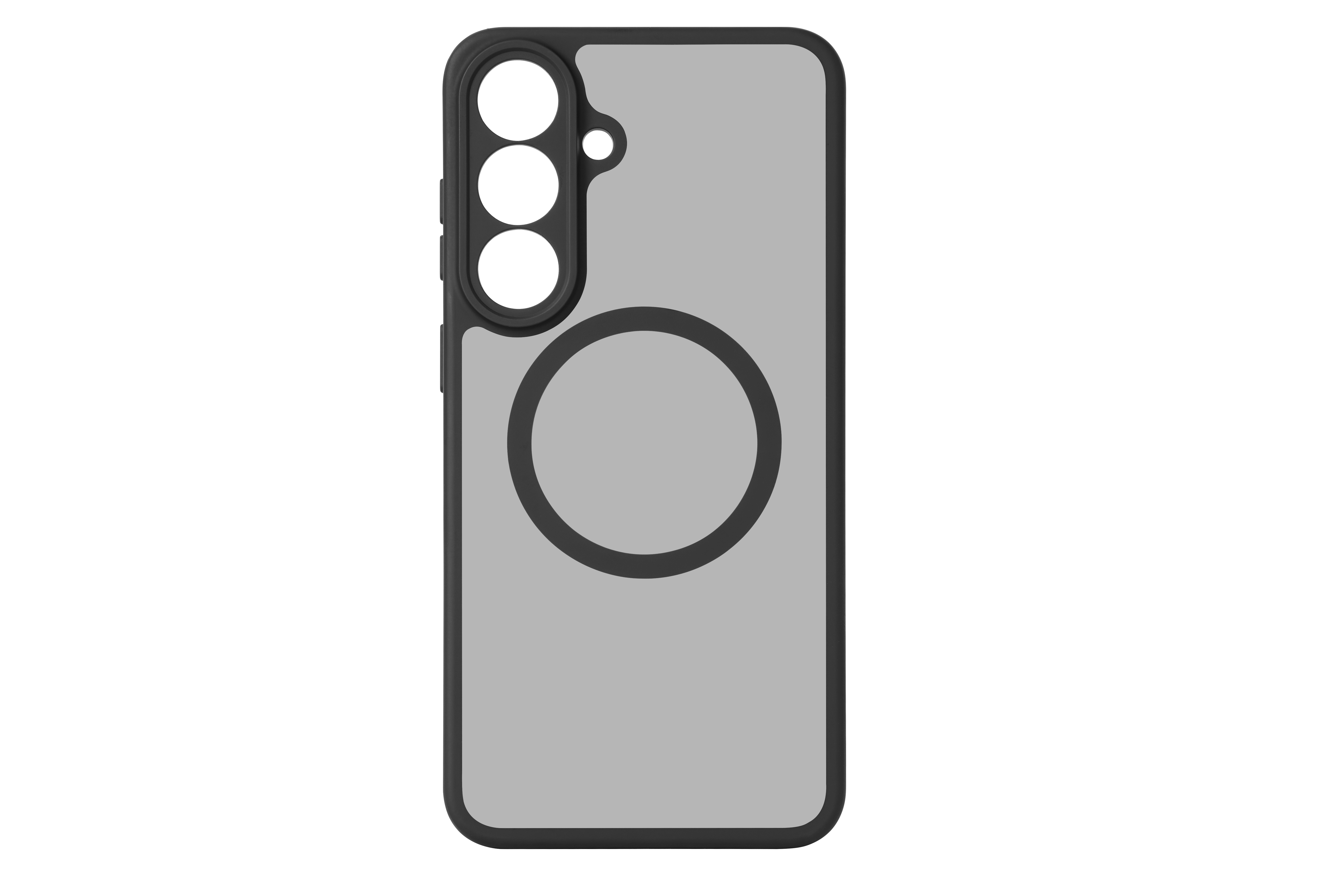 Graue Smartphone-Hülle mit schwarzem Rand, Kamera-Aussparungen und rundem MagSafe-Ring.