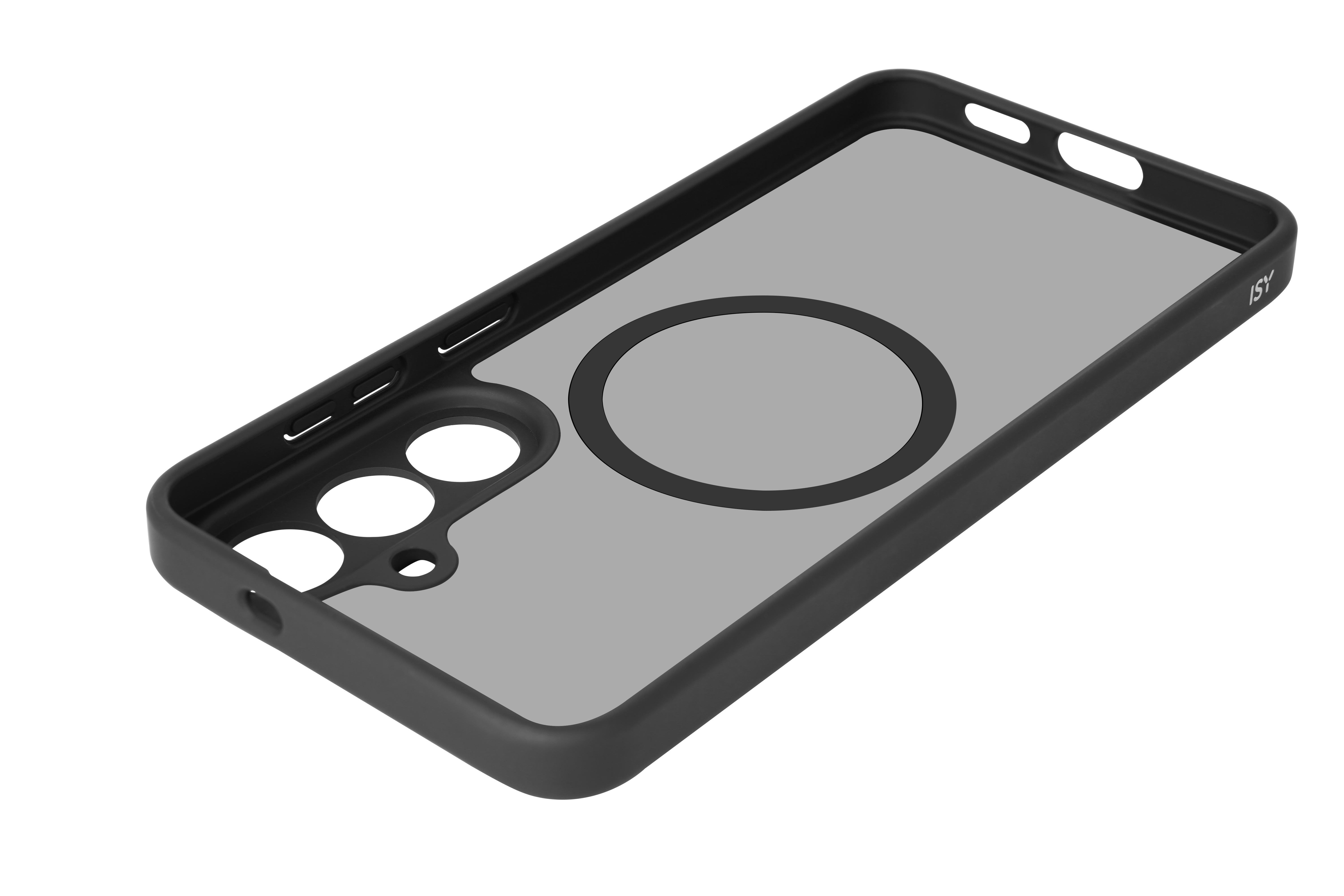 Eine schwarze Smartphone-Hülle mit Magnetring und Kamera-Aussparungen vor weißem Hintergrund.