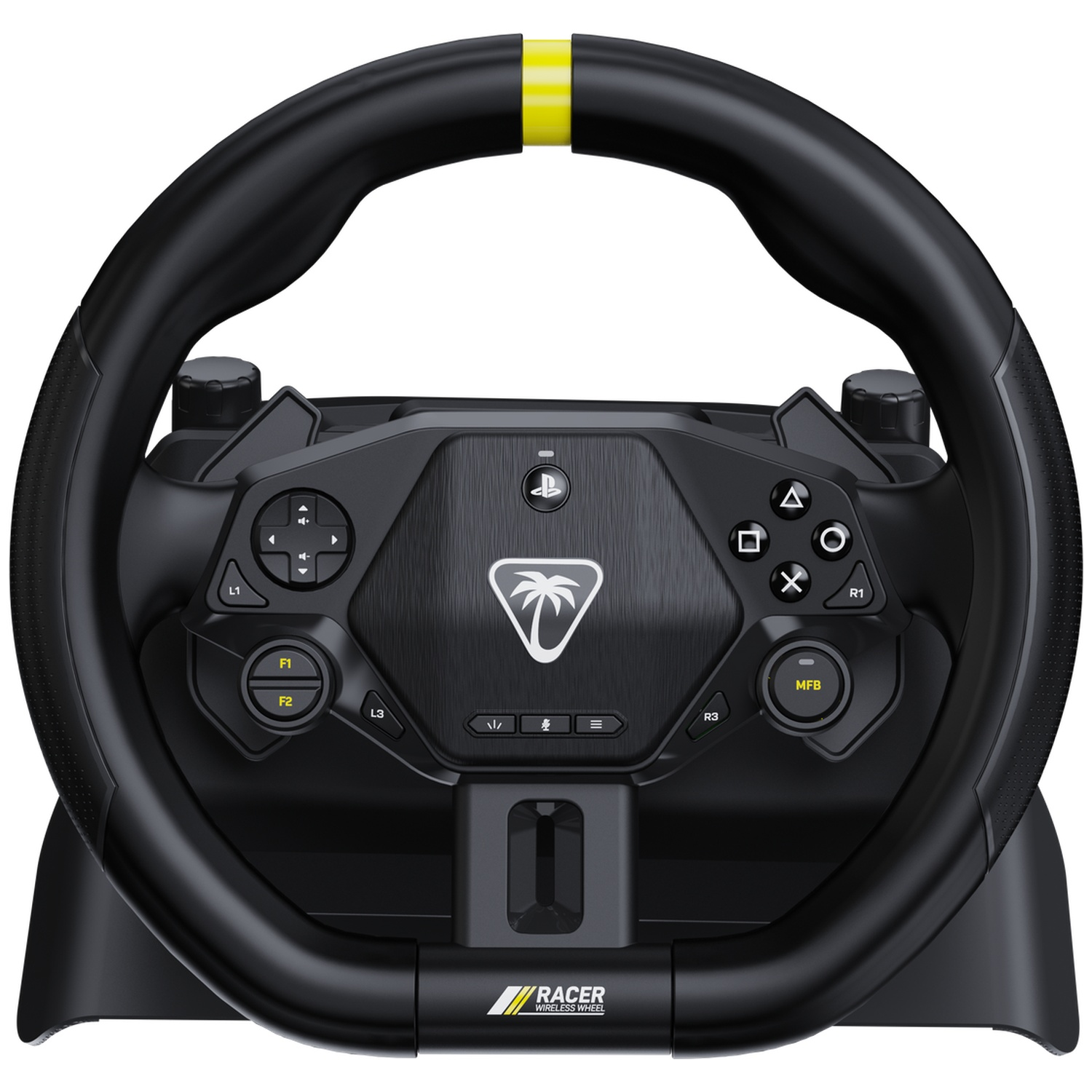 Zwart draadloos racestuur voor PlayStation met knoppen en een gele bovenstreep op een witte achtergrond.