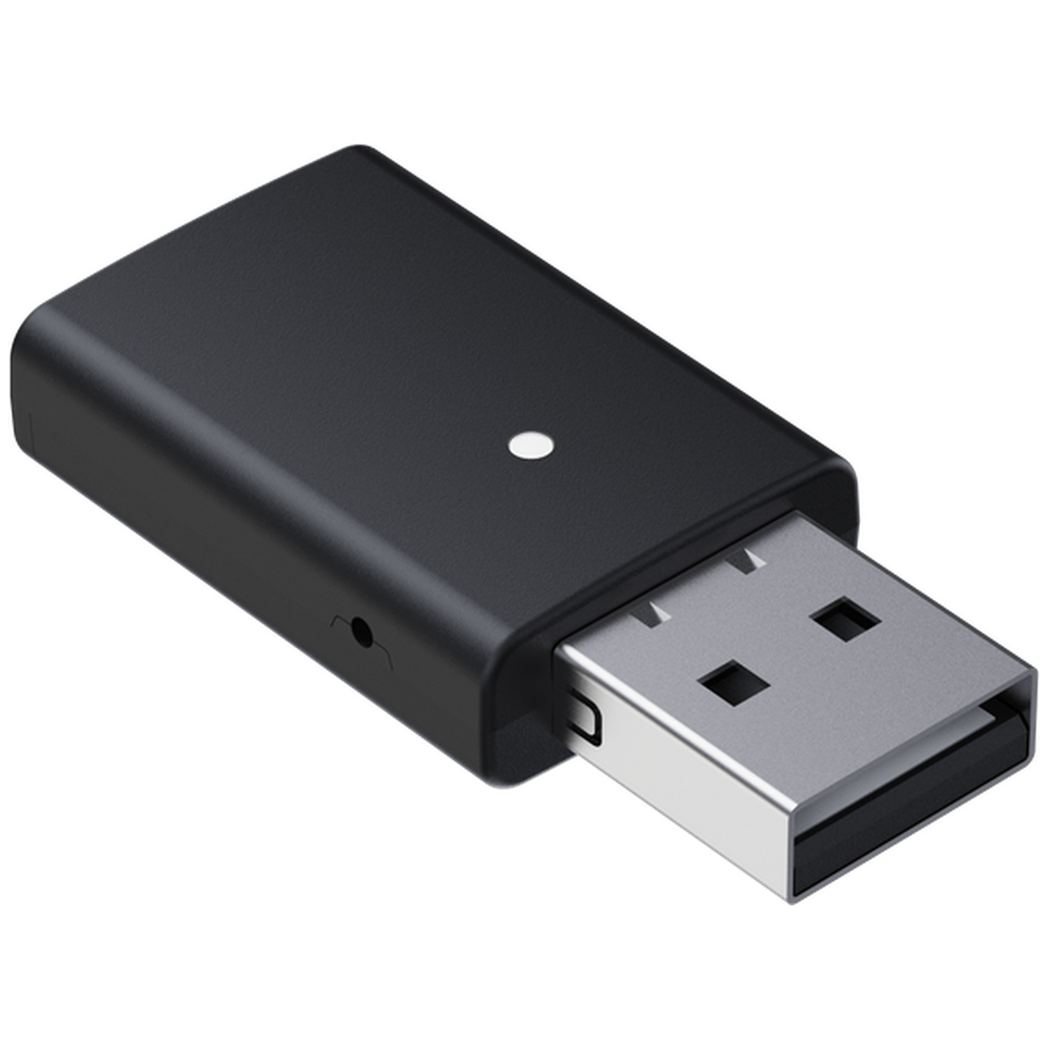 Een zwarte USB-adapter met een witte stip bovenop en een zilveren USB-connector.