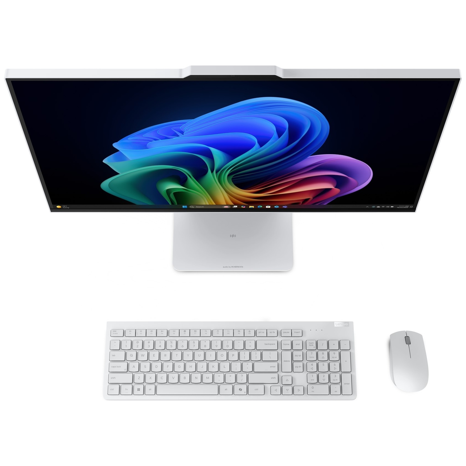 Witte all-in-one computer met kleurenscherm, bijpassend toetsenbord en muis op een witte achtergrond.