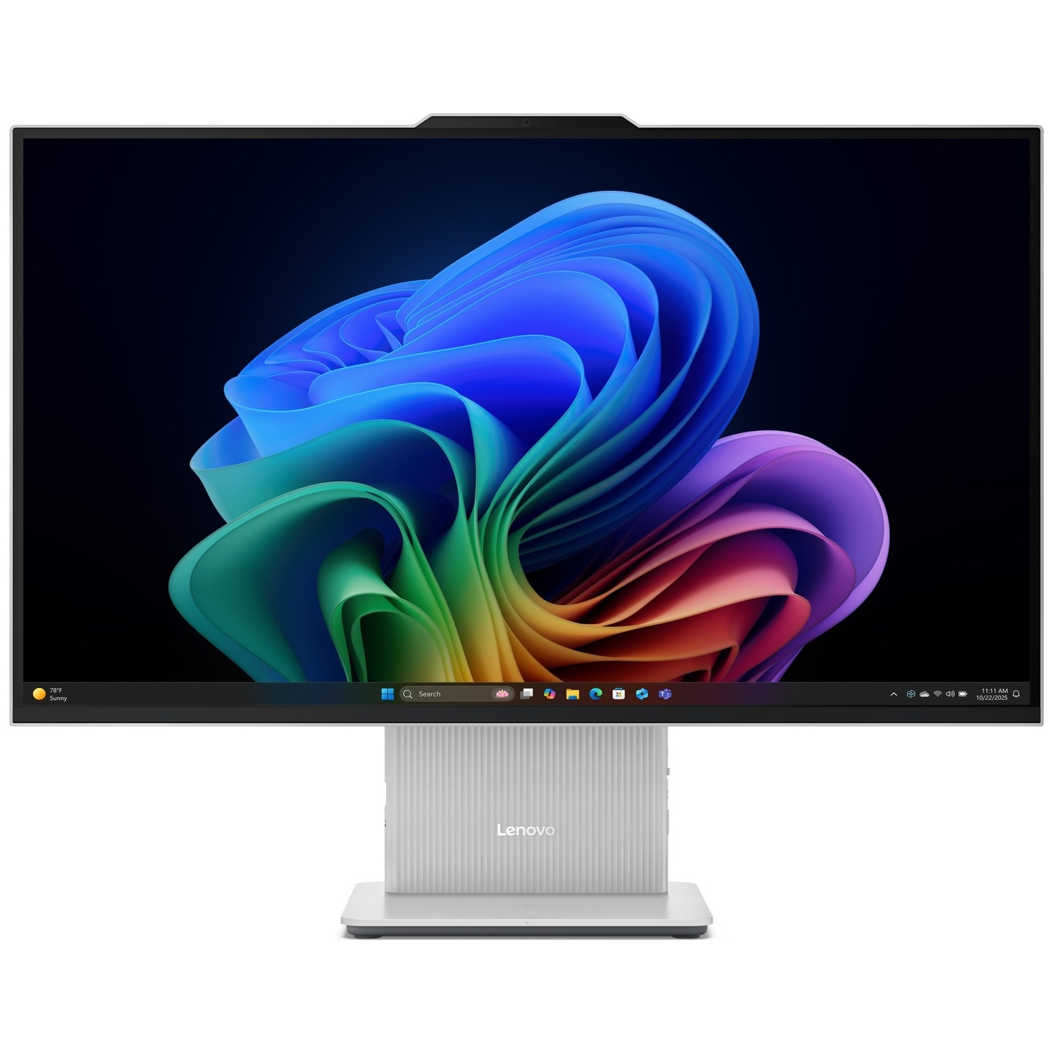 Een Lenovo monitor met smalle randen, witte voet en een abstracte, kleurrijke bloem als achtergrond.