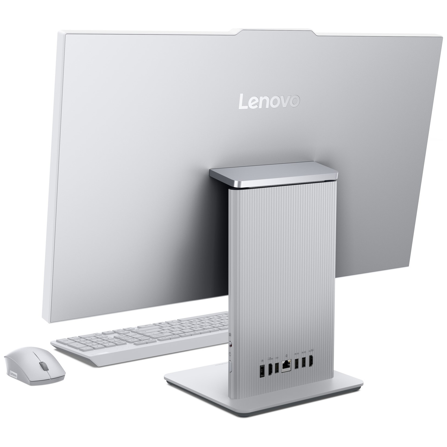 Achteraanzicht van een zilveren Lenovo all-in-one desktop pc met toetsenbord en muis.