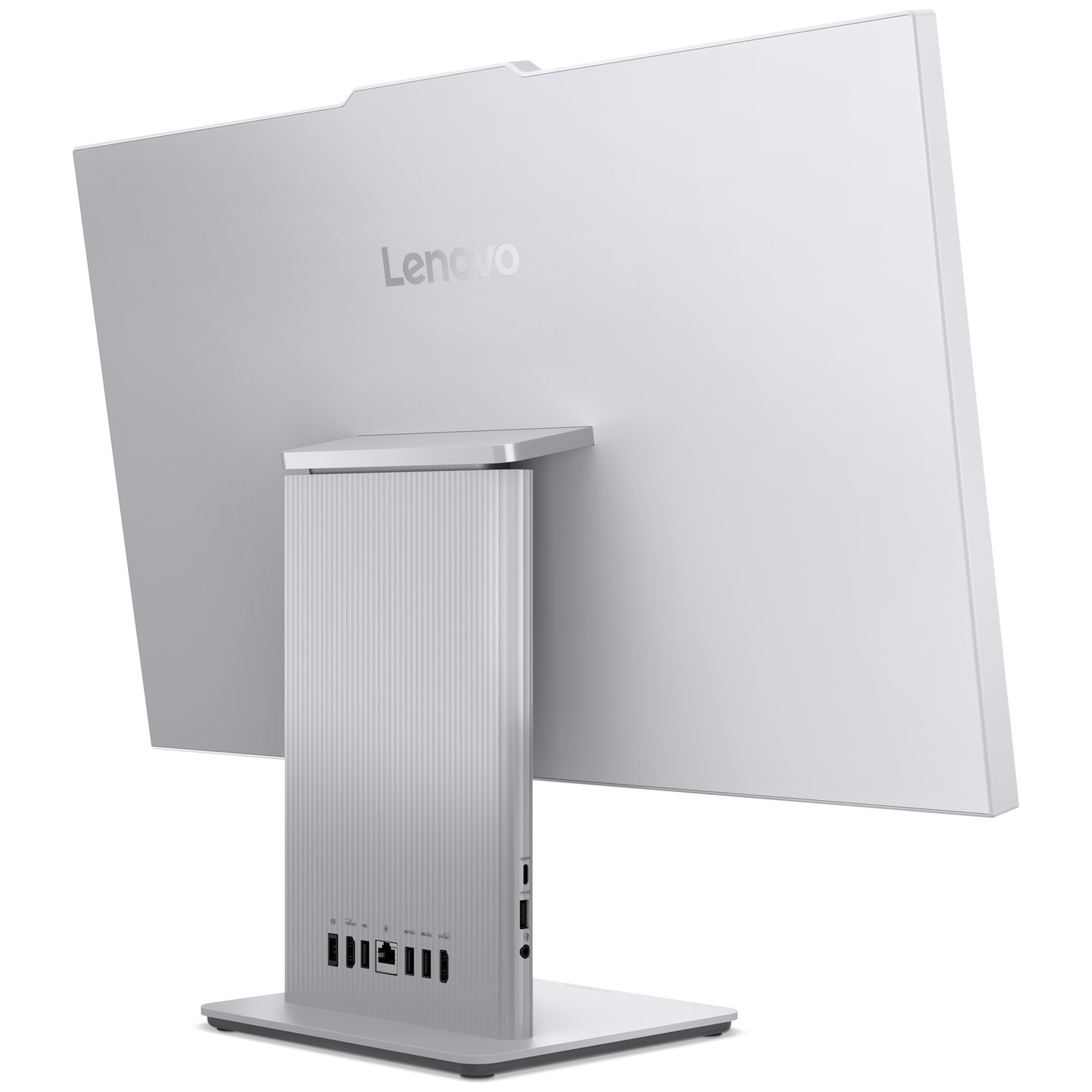 Achteraanzicht van een zilveren Lenovo all-in-one computer met standaard en poorten.