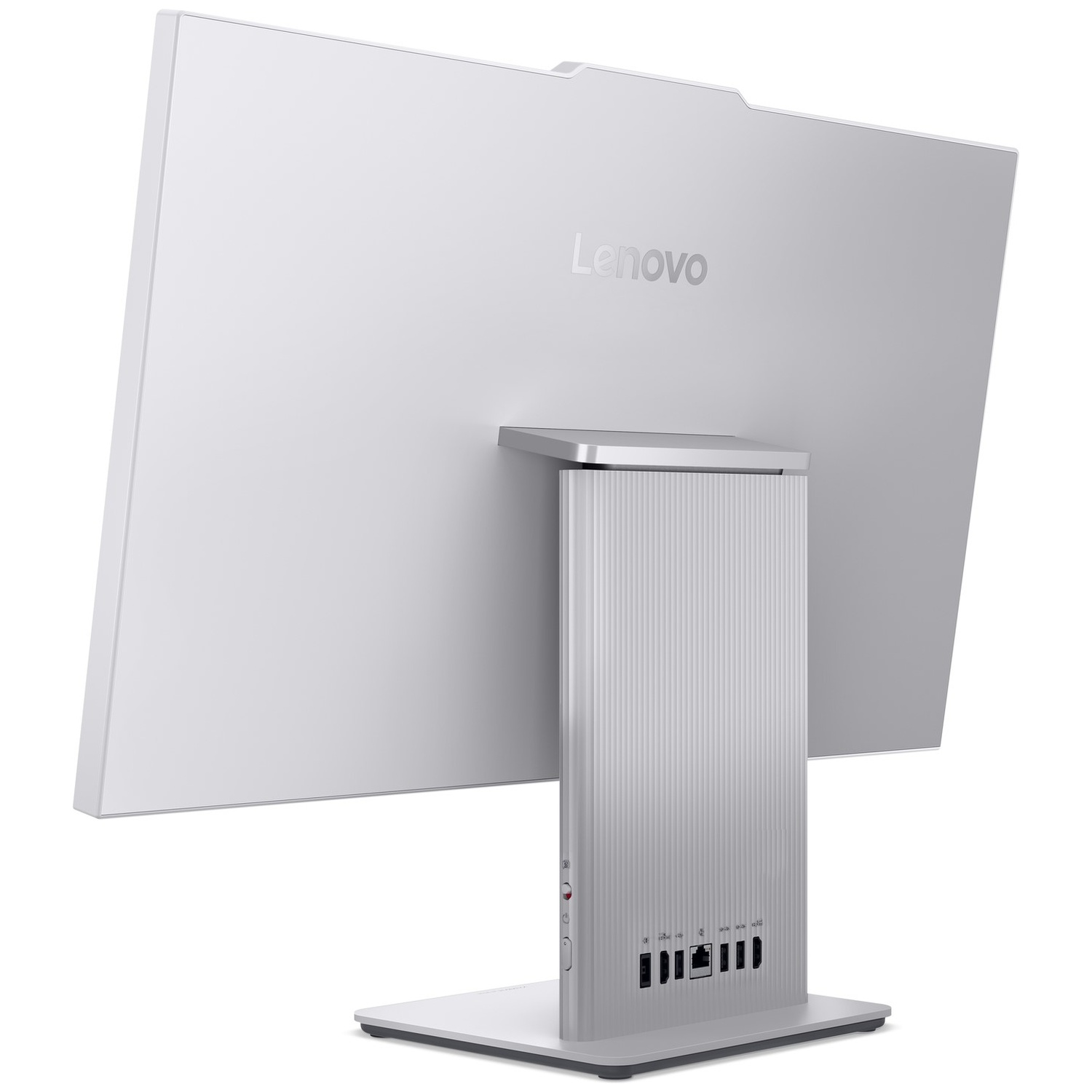Achteraanzicht van een zilveren Lenovo all-in-one PC met stande en zichtbare poorten tegen witte achtergrond.