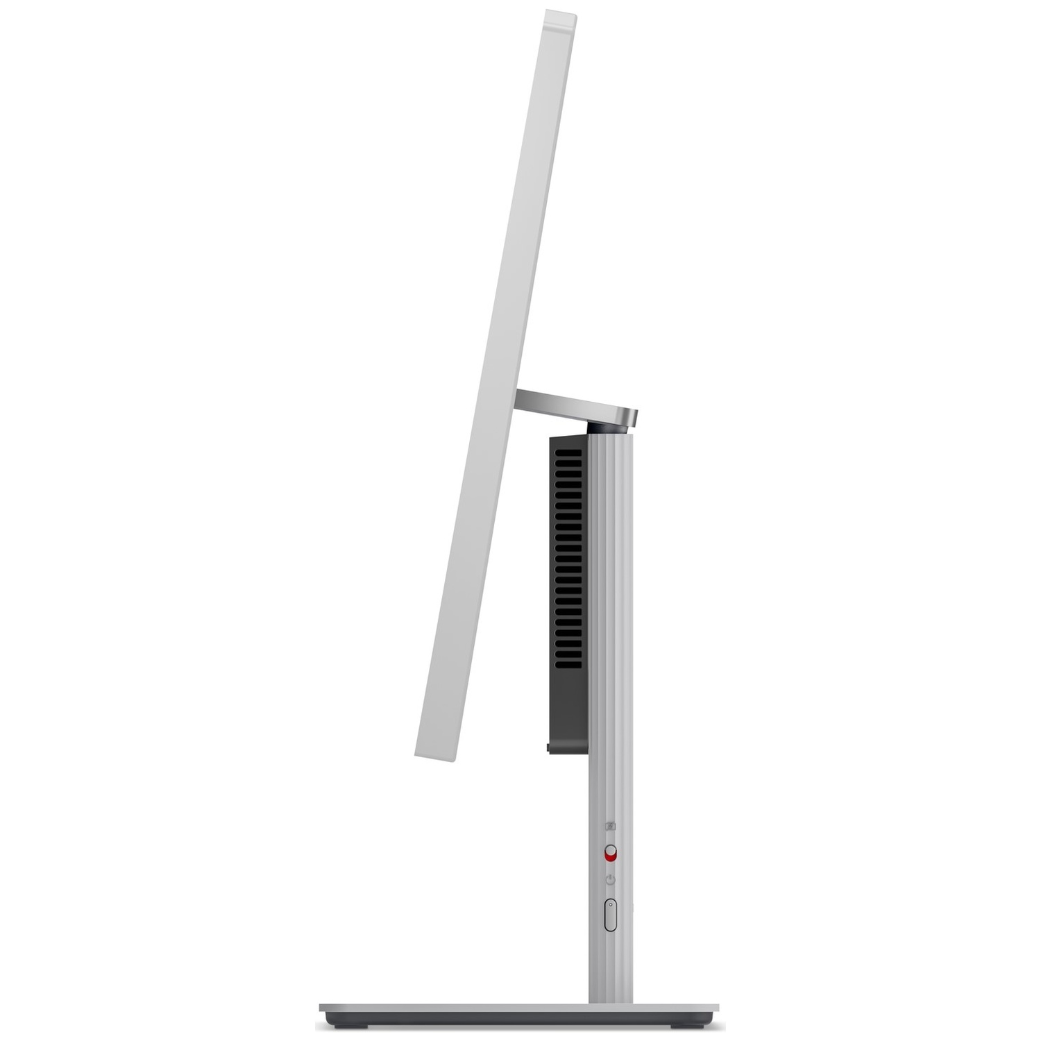 Zijaanzicht van een monitor met zilveren standaard en zwarte behuizing op witte achtergrond.