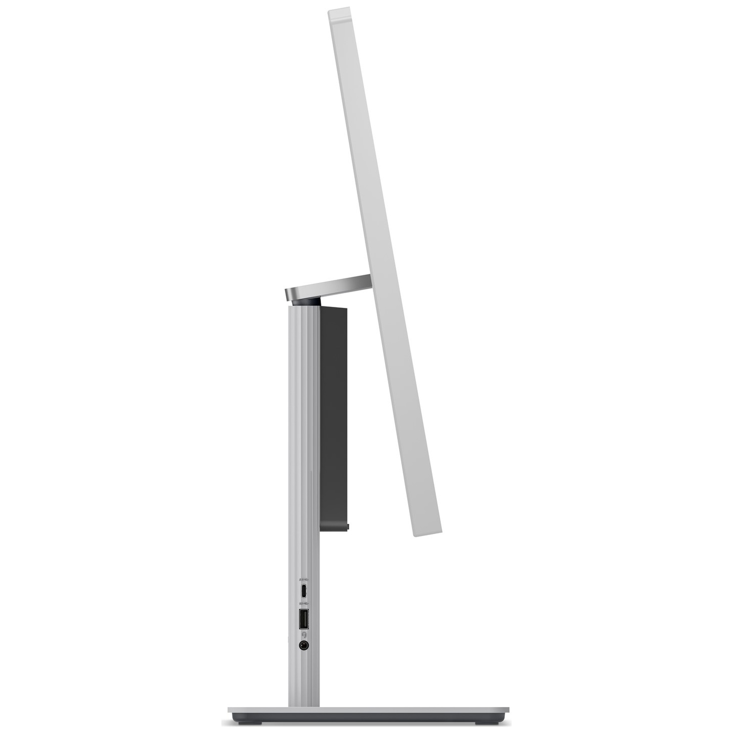 Zijaanzicht van een zilveren computermonitor met standaard op witte achtergrond.