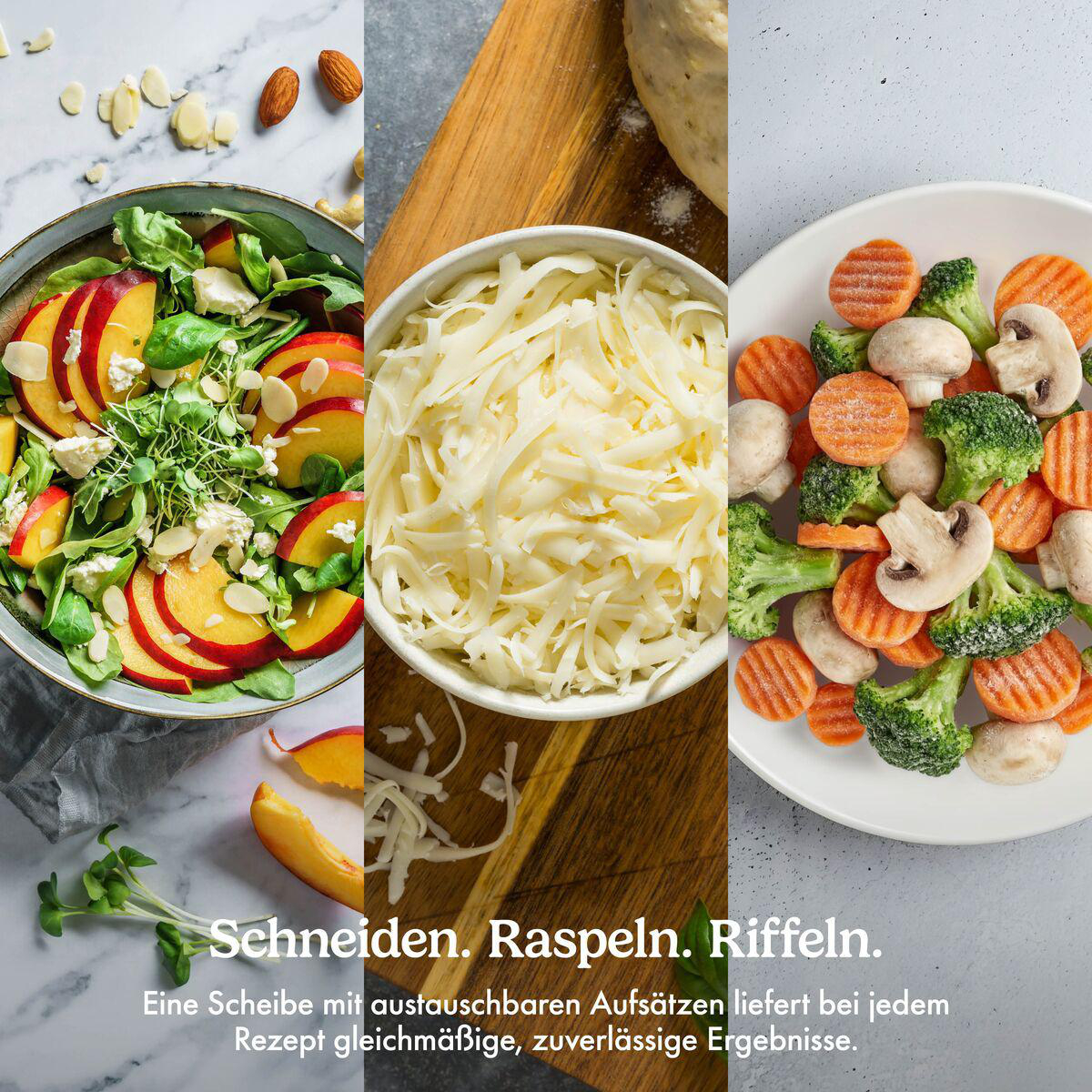 Drei Bilder zeigen Salat mit Pfirsichen, geriebenen Käse und eine Gemüsemischung aus Karotten, Brokkoli und Champignons.