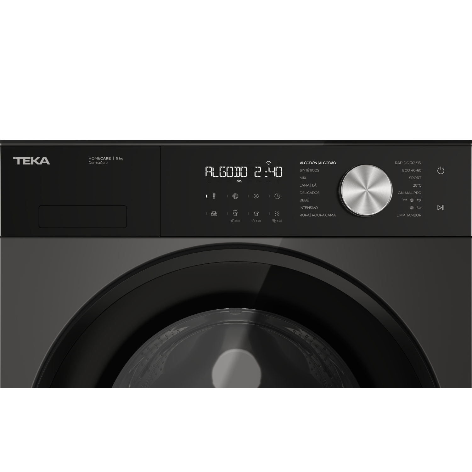 Panel frontal negro de una lavadora Teka con pantalla digital, lista de programas y mando plateado.