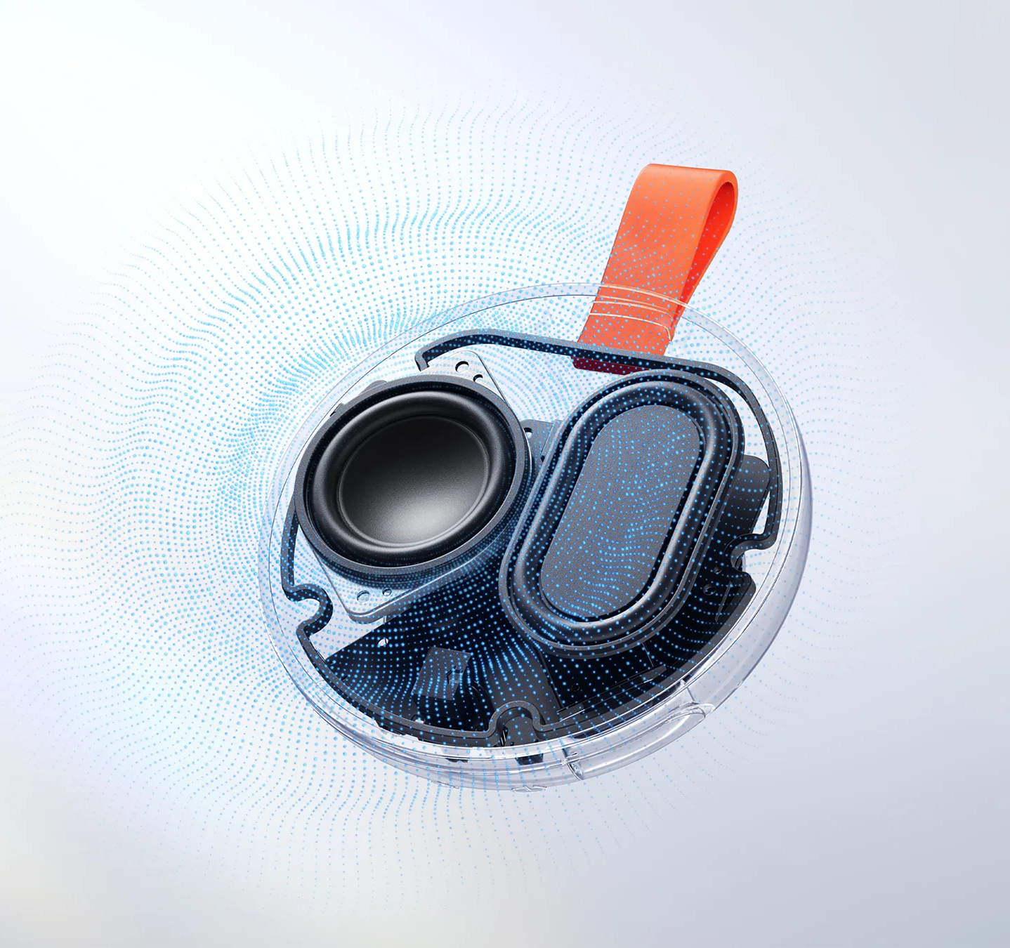 Átlátszó Bluetooth hangszóró kettős meghajtóval és narancssárga pánttal, kék hanghullámok körében.