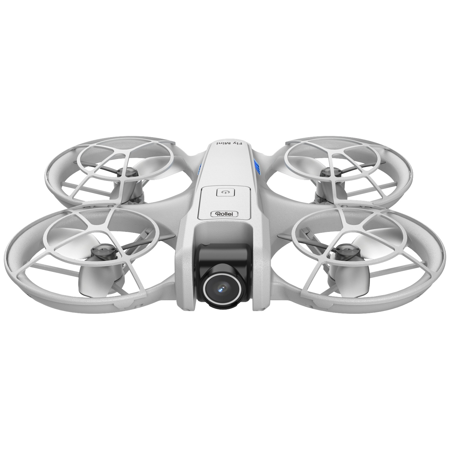 Een witte Rollei Fly Mini drone met vier propellerbeschermers en een camera aan de voorkant.