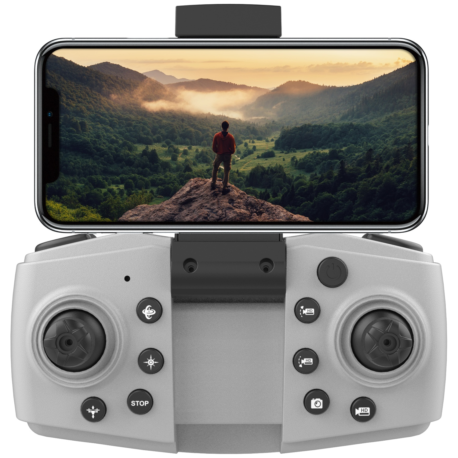 Grijze drone-afstandsbediening met smartphone die een wandelaar op een klif toont.