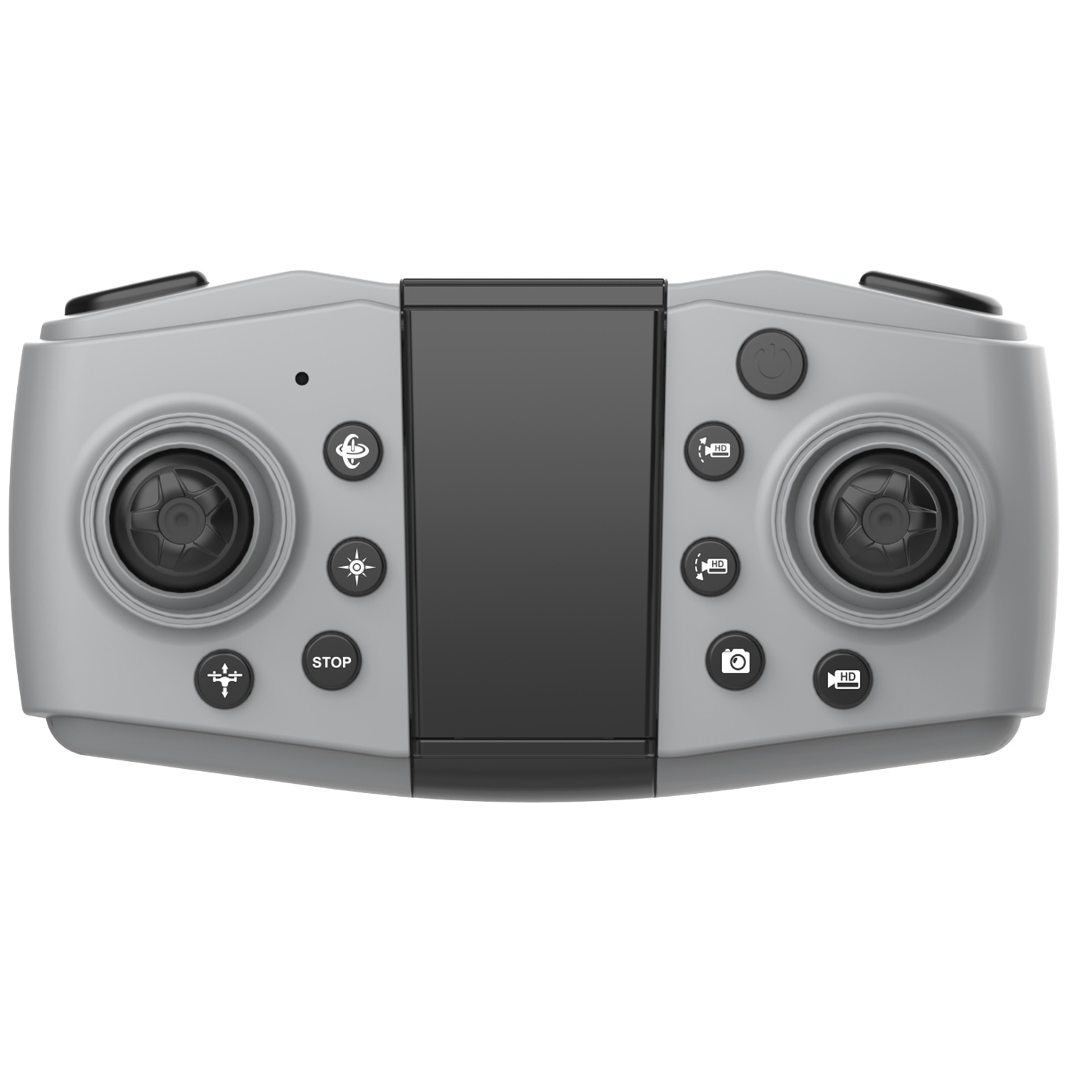 Grijze drone-afstandsbediening met dubbele joysticks, functieknoppen en een centraal beeldscherm.