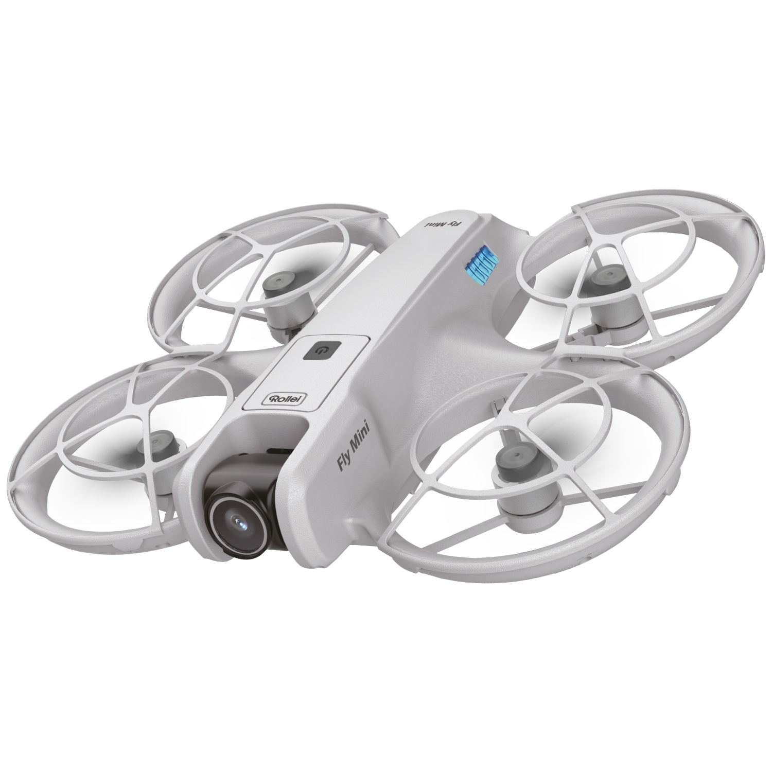 Een kleine witte drone met propellerbescherming en een camera aan de voorzijde.