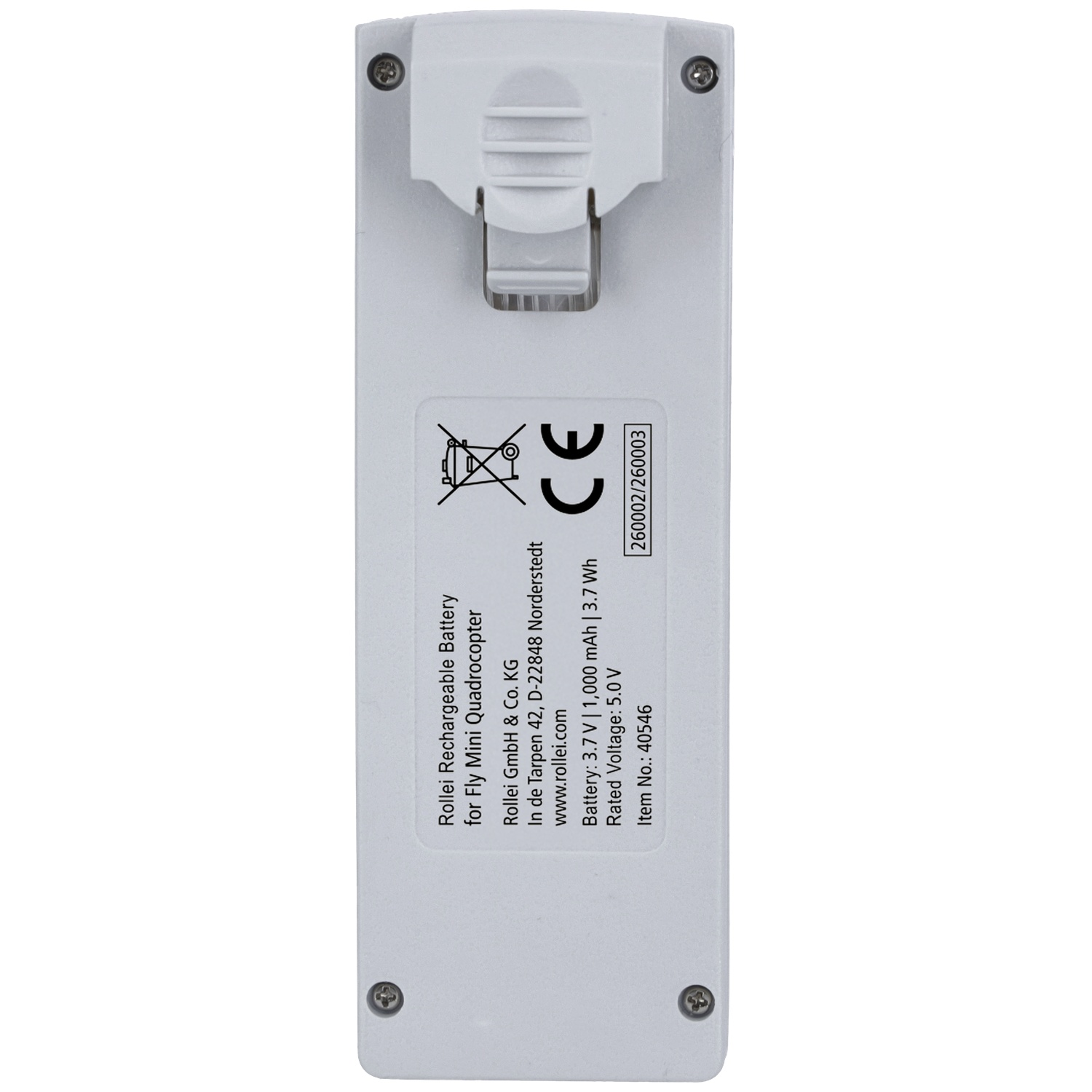 Grijze Rollei Fly Mini Quadrocopter batterij met CE-markering en tekstlabel op witte achtergrond.