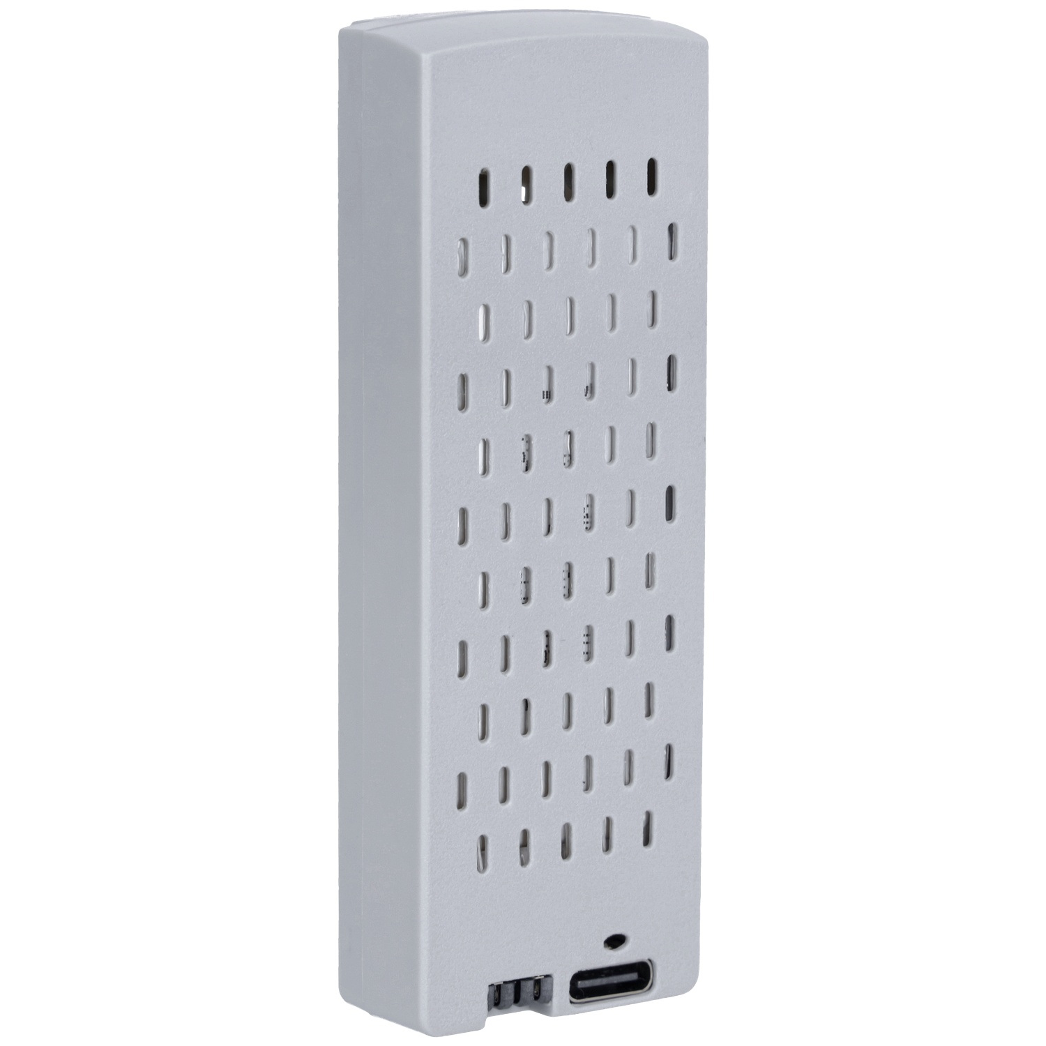 Een grijs rechthoekig elektronisch apparaat met ventilatiegleuven en een USB-C-poort.