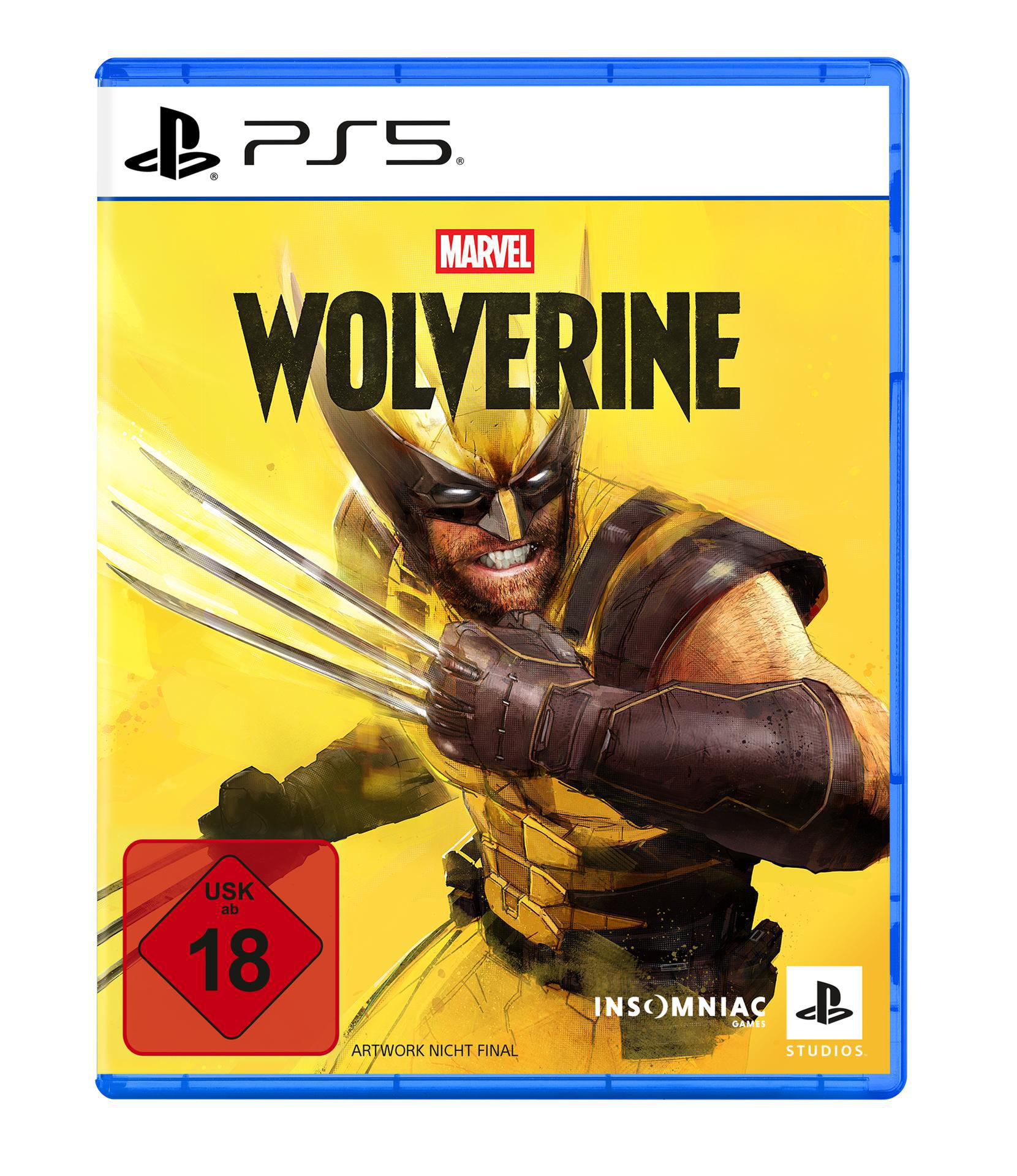 PlayStation 5 Spielhülle für Marvel's Wolverine mit gelbem Hintergrund, USK 18 Logo und Wolverine mit Adamantium-Klauen.