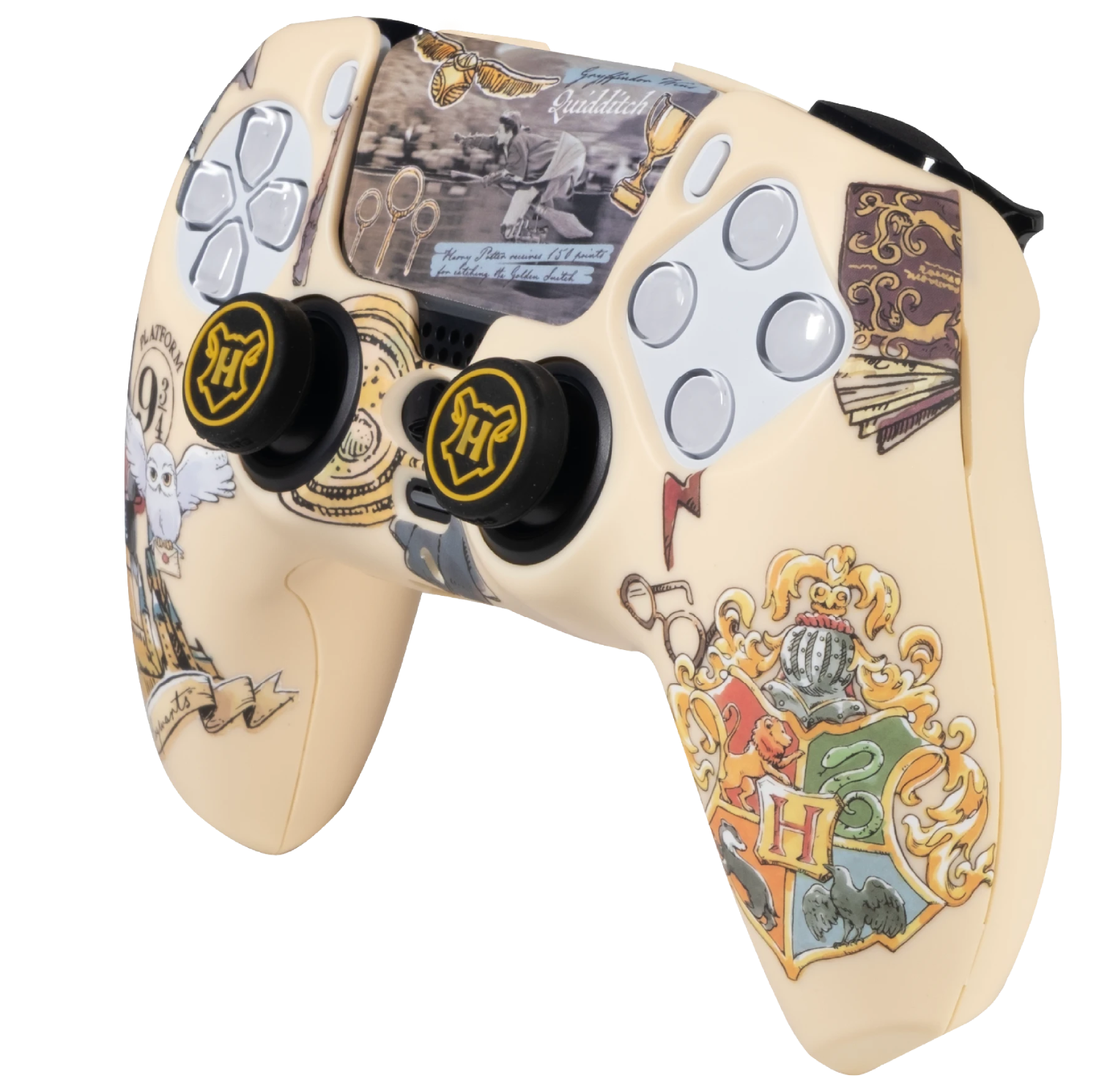 Mando de PlayStation blanco crema con pegatinas de Harry Potter y escudo de Hogwarts.
