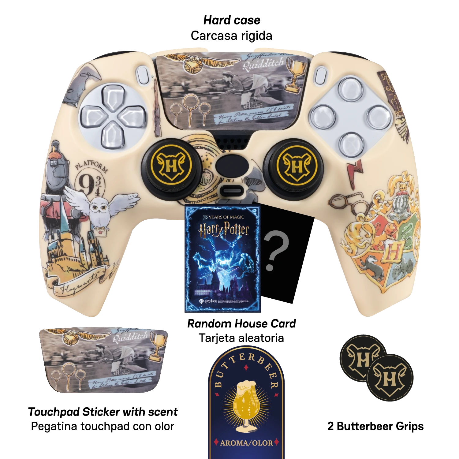 Mando de juego temático de Harry Potter con el escudo de Hogwarts y gráficos de Quidditch.
