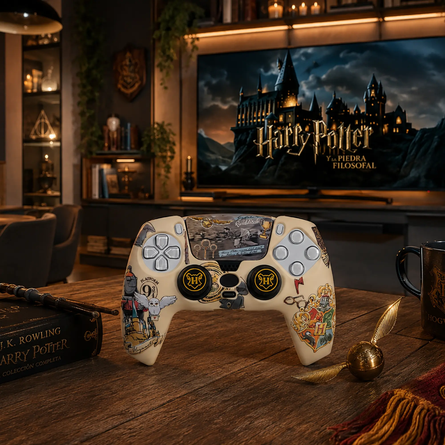 Un mando de Harry Potter sobre una mesa de madera, con Hogwarts en una pantalla al fondo.