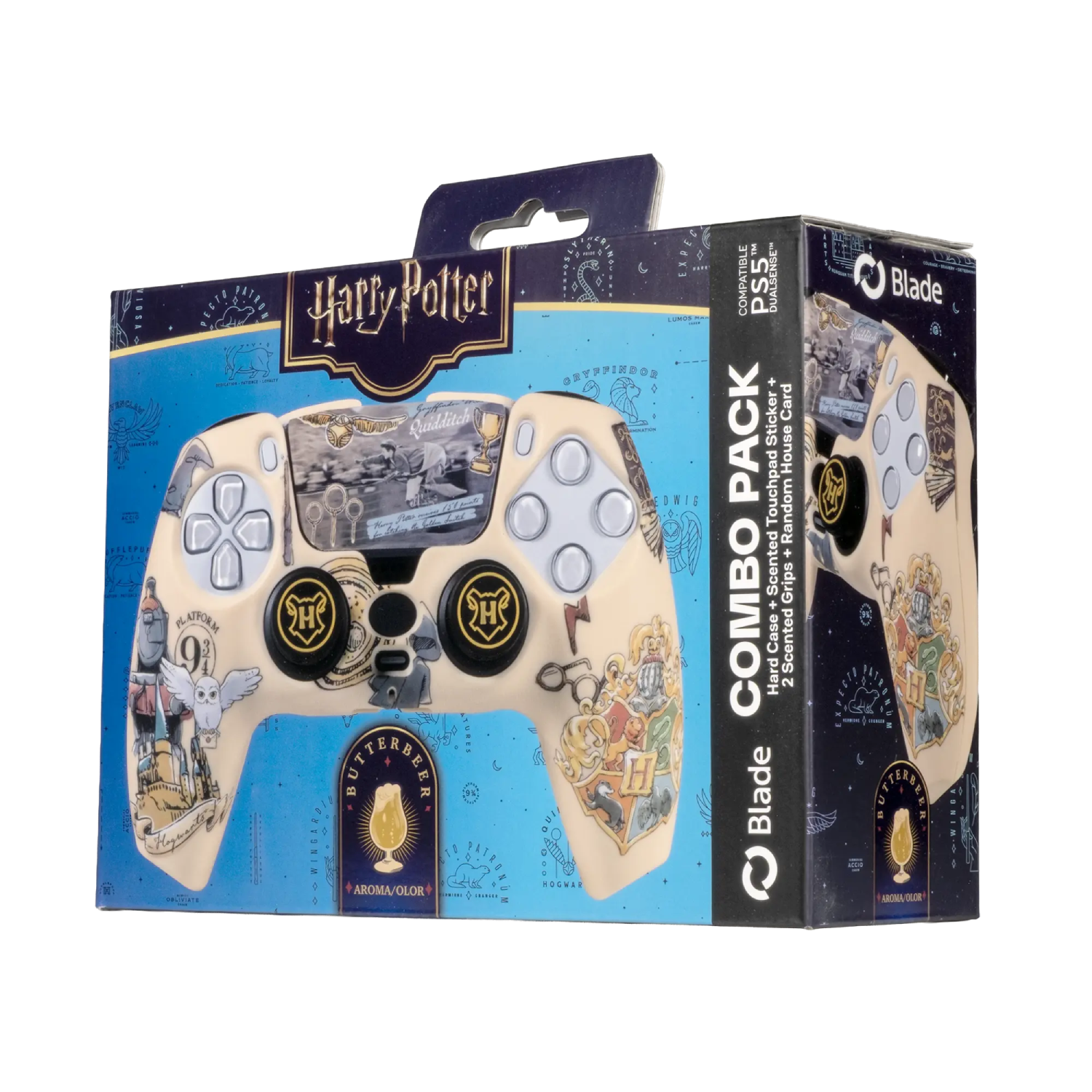 Mando de PS5 de Harry Potter en caja con motivos mágicos y símbolos de Hogwarts.