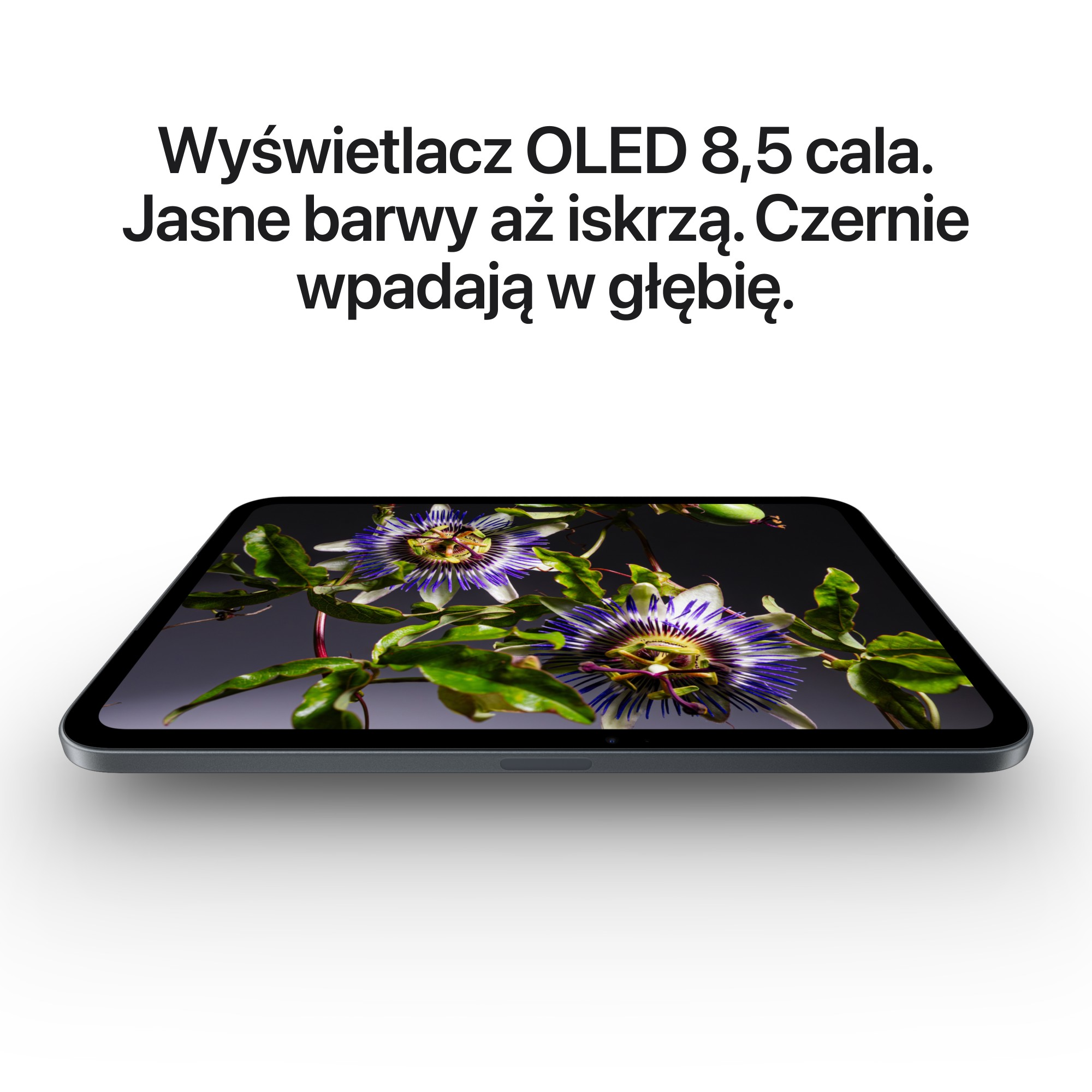 Tablet wyświetla dwa fioletowe kwiaty męczennicy na czarnym tle, z polskim tekstem powyżej.