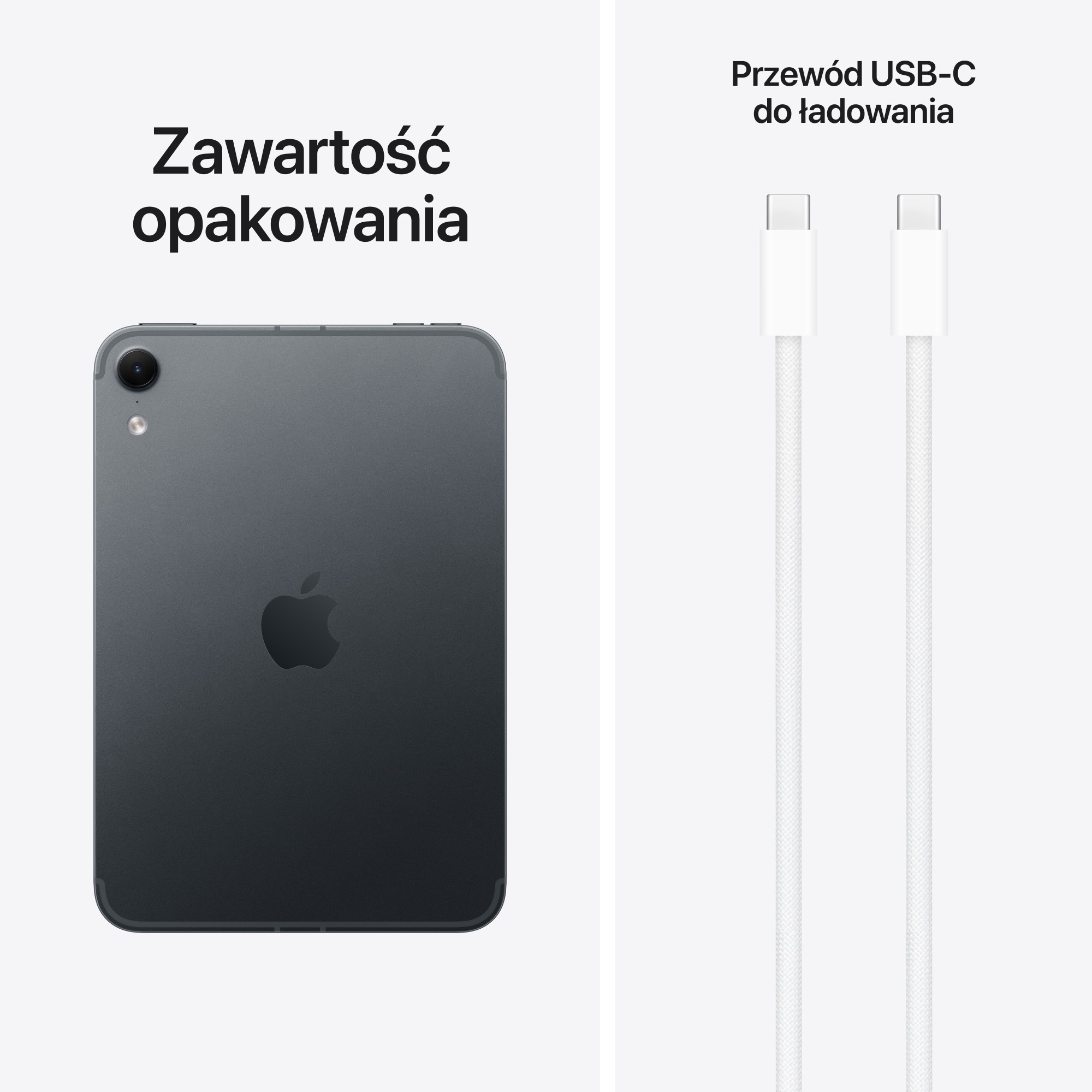 Zawartość opakowania: Szary tablet i biały przewód USB-C na jasnym tle.
