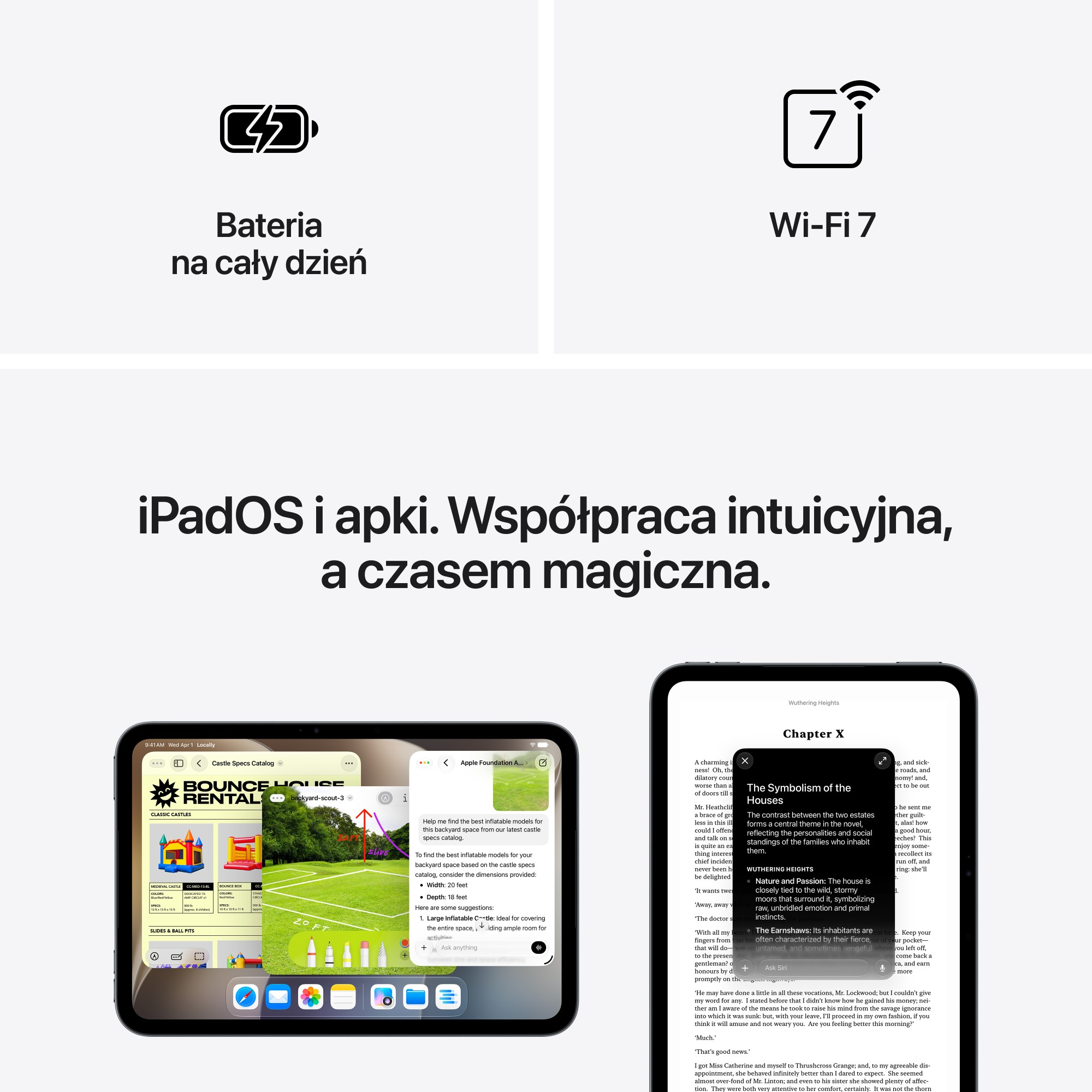 Dwa tablety wyświetlają aplikacje, tekst i funkcje wielozadaniowości w systemie Apple iPadOS.