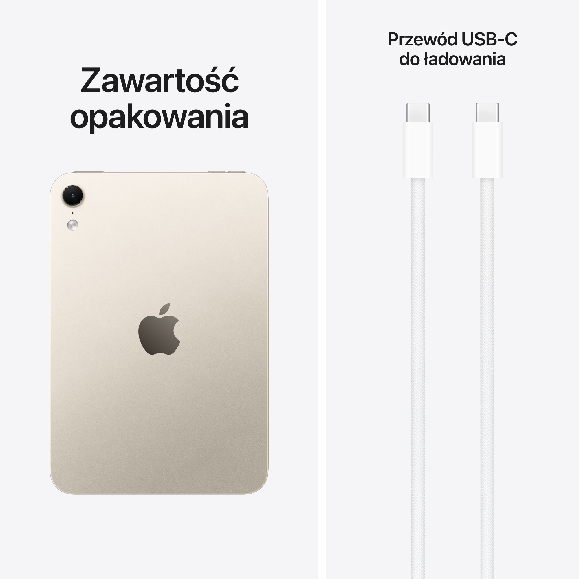Zawartość opakowania przedstawiająca złoty tablet po lewej i kabel do ładowania USB-C po prawej.