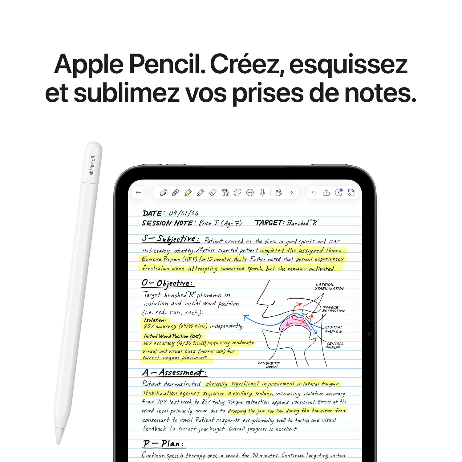 Un Apple Pencil repose à côté d'une tablette affichant des notes manuscrites et un diagramme.