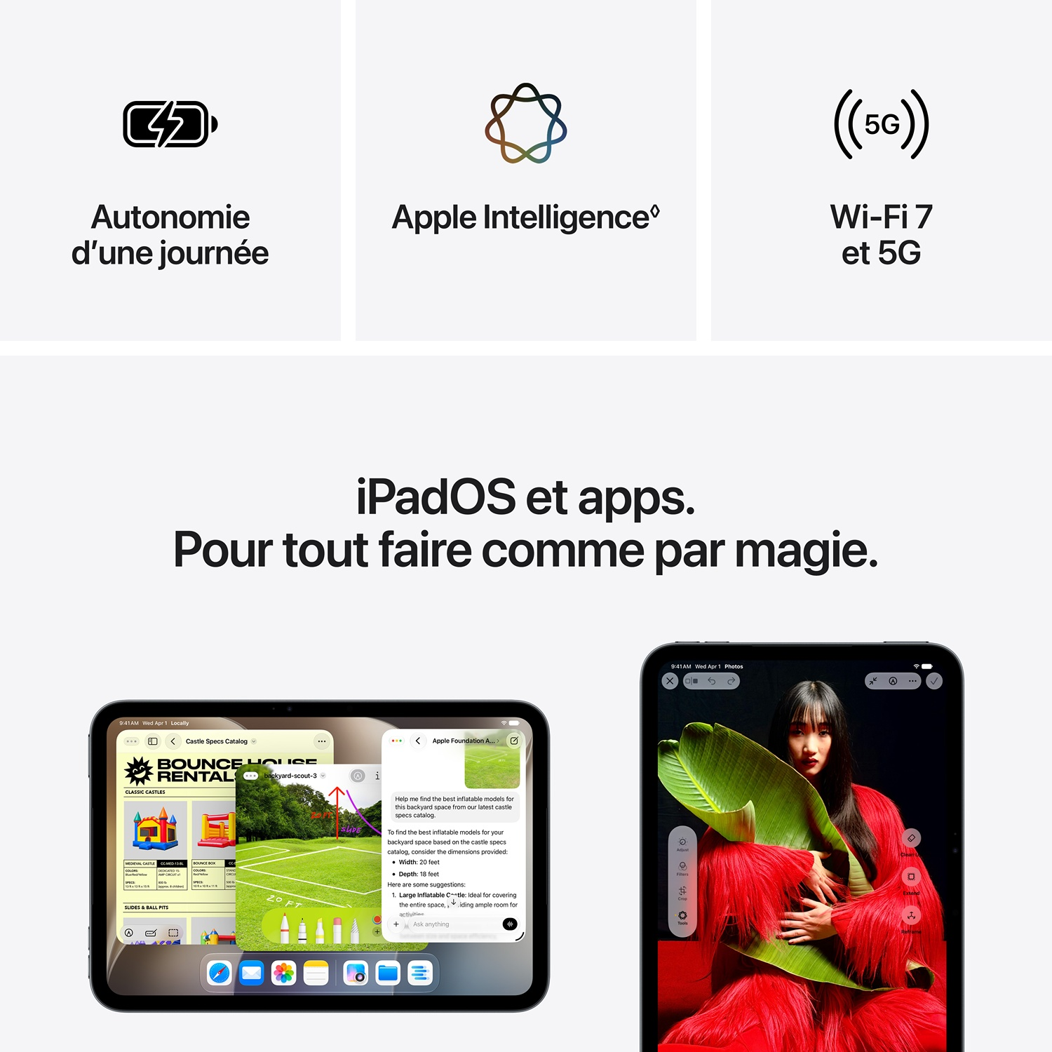 Interface iPadOS avec des applications et deux iPad illustrant le multitasking et retouche photo sur fond blanc.