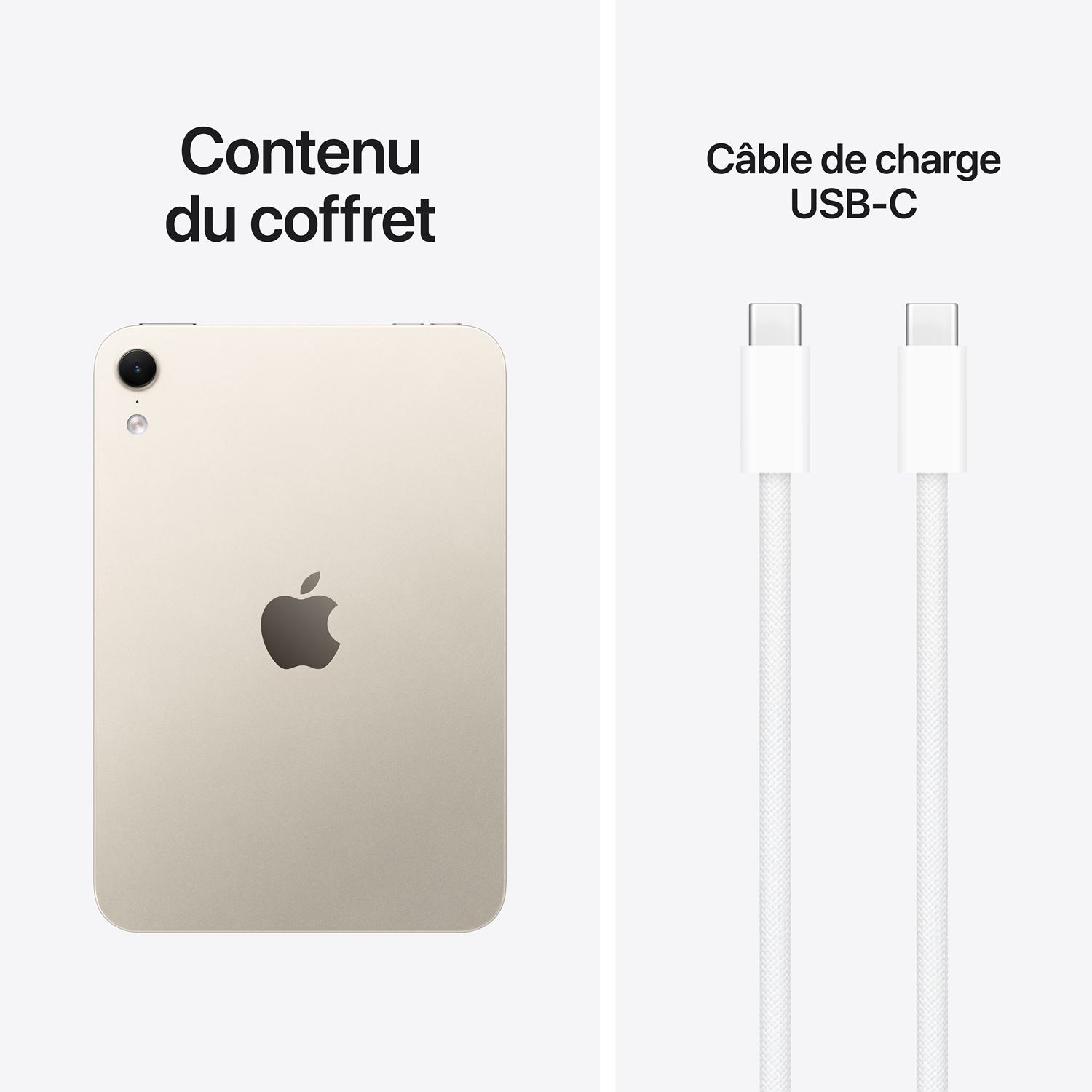 Contenu du coffret montrant une tablette argentée et deux câbles USB-C sur fond blanc.