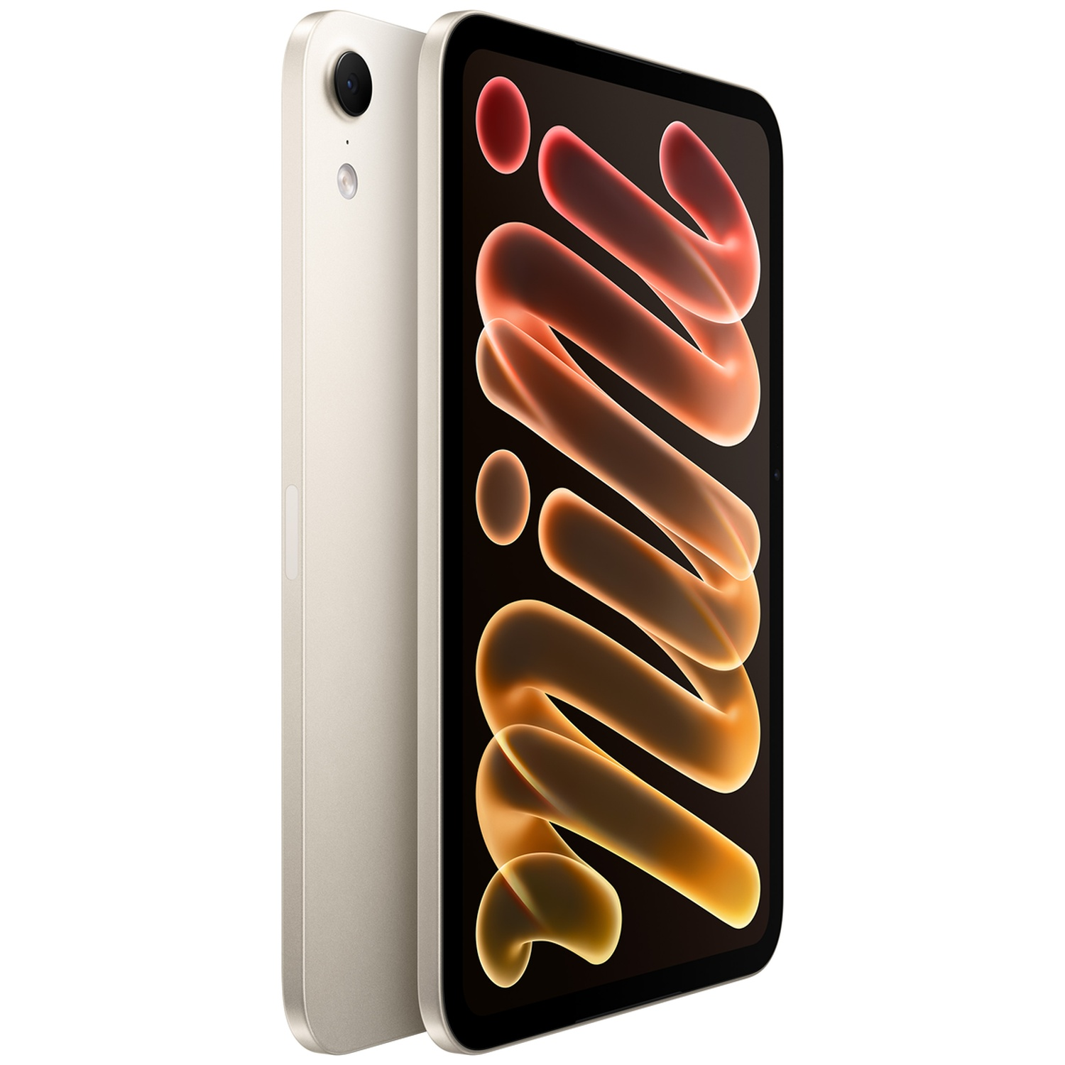 Een zilveren tablet naar links gekanteld, met een kleurrijk abstract golfpatroon op het scherm en camera.