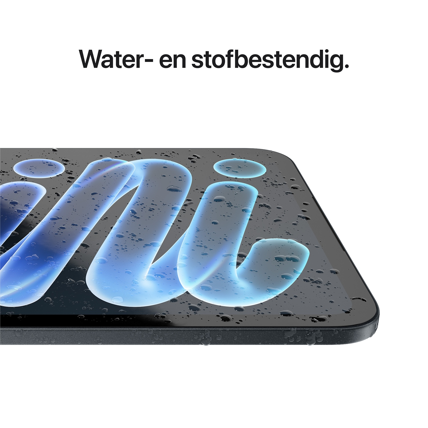 Waterdruppels op het scherm van een zwarte tablet met blauwe tekst.